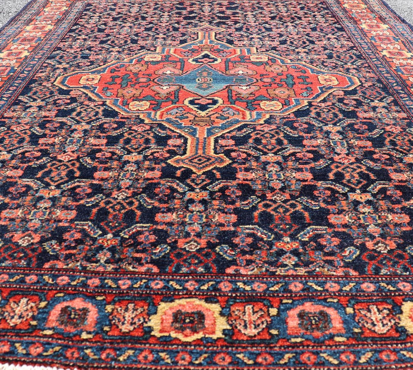 Antique Persian Senneh Rug with Unique Medallion and All-Over Design. Keivan Woven Arts/ rug AVI-1101, country of origin / type: Iran / Senneh, circa 1900
Measures: 3'6 x 4'10 
This incredibly finely woven antique Persian Senneh rug was handwoven