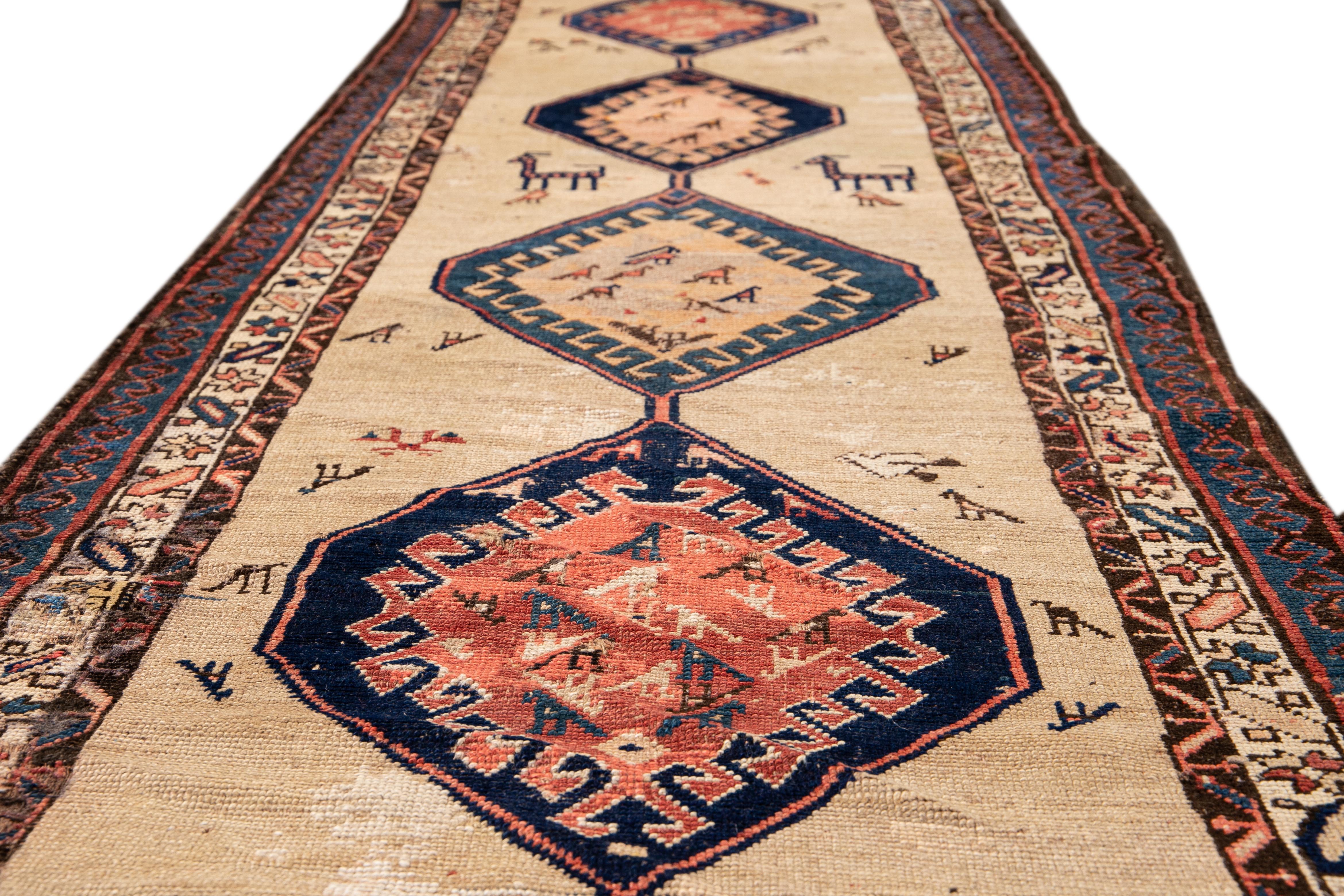 Islamic Antique Persian Serab Beige and Blue Handmade Mendallion Wool Rug For Sale