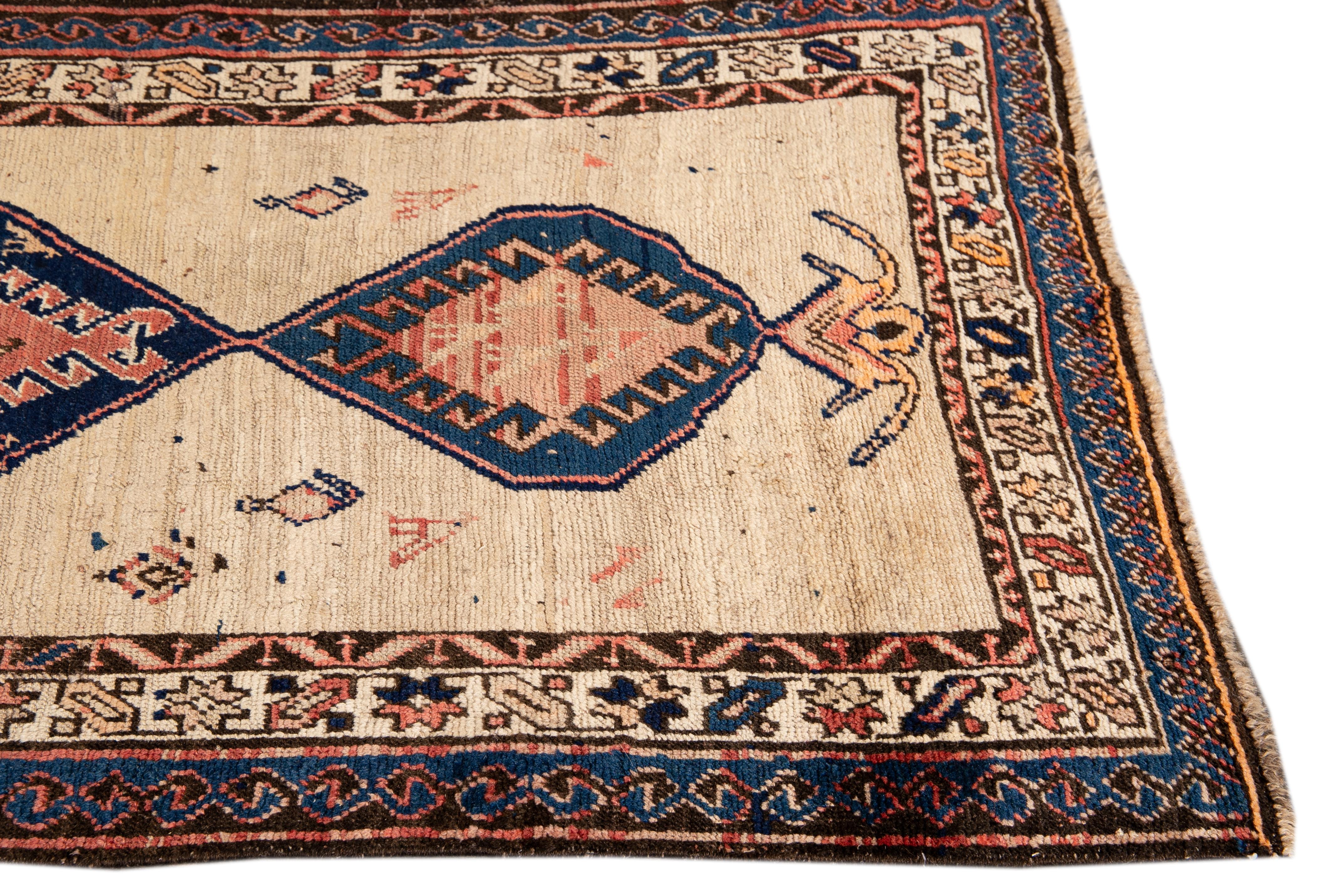 Hand-Knotted Antique Persian Serab Beige and Blue Handmade Mendallion Wool Rug For Sale