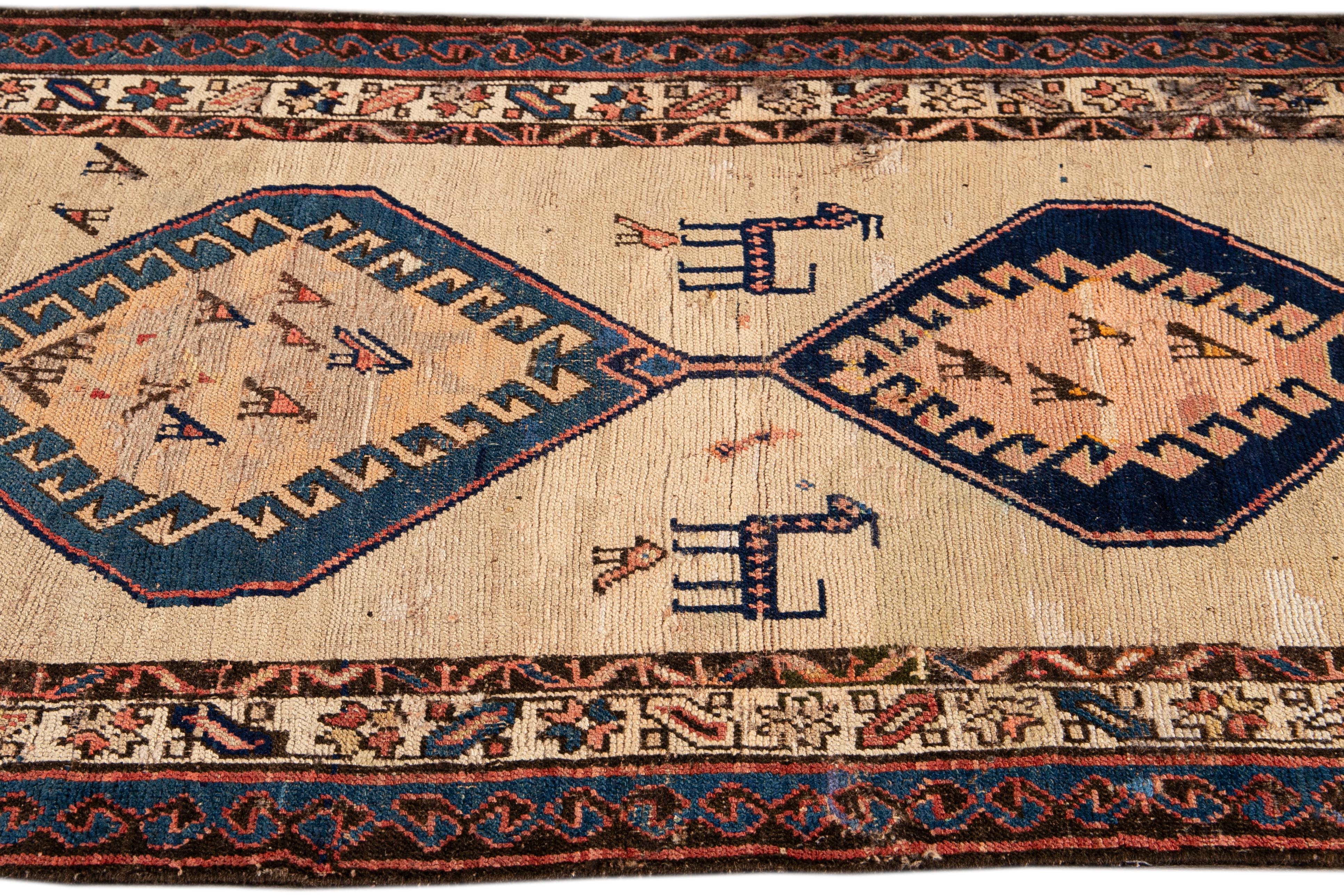 20th Century Antique Persian Serab Beige and Blue Handmade Mendallion Wool Rug For Sale