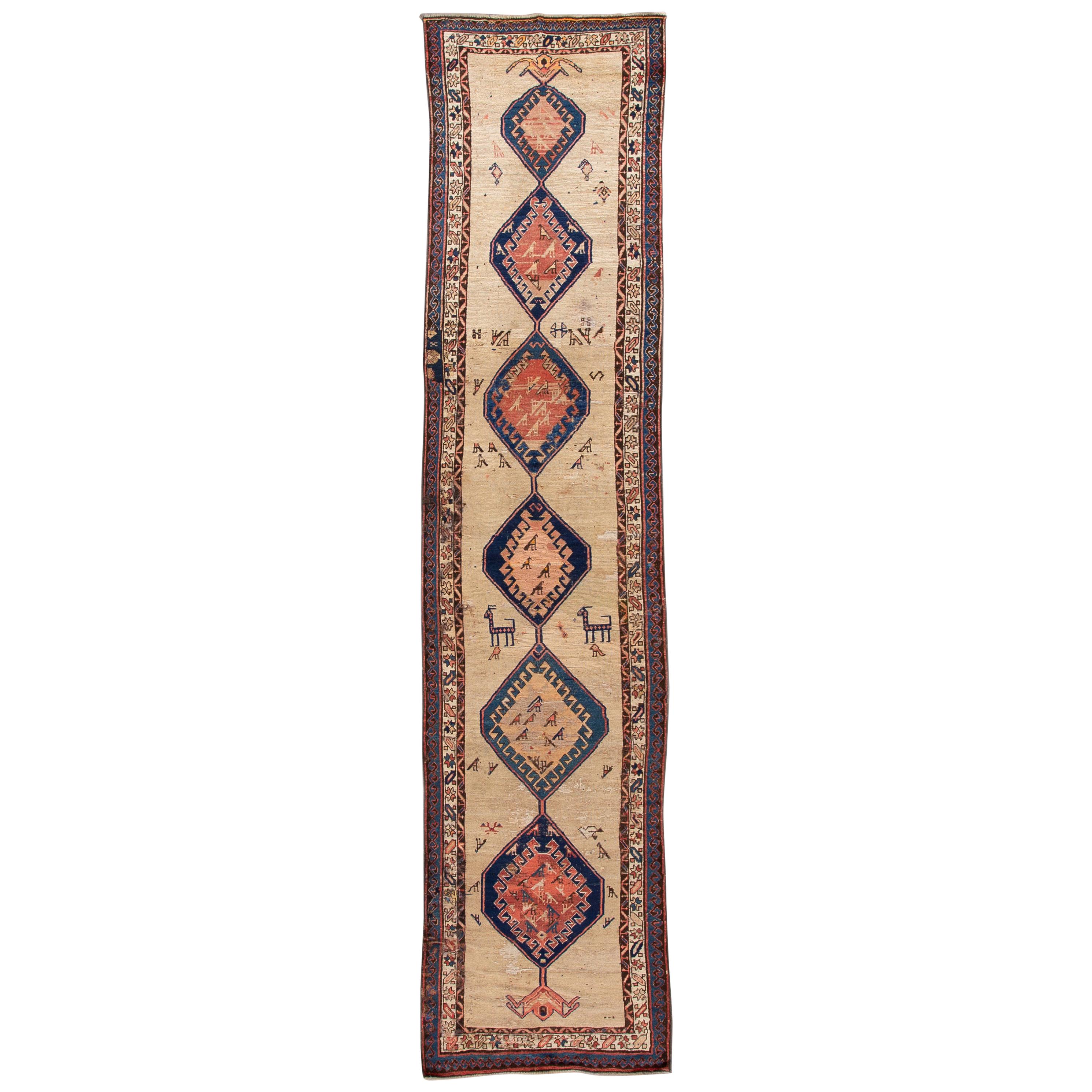 Tapis persan ancien Serab beige et bleu en laine Mendallion fait à la main