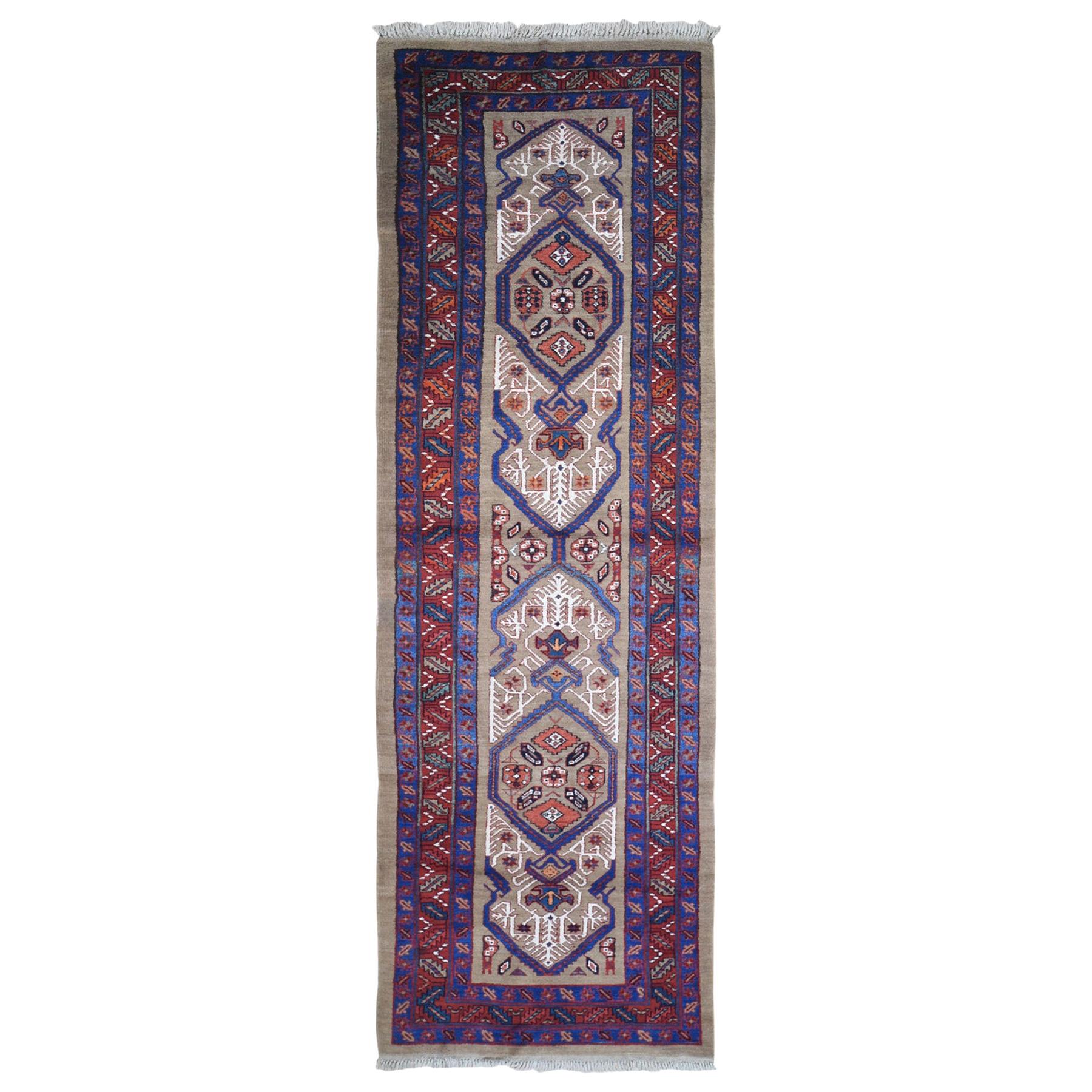 Antique Persian Serab Camel Hair Galley Geometric Patter Wool Handknotted Rug For Sale