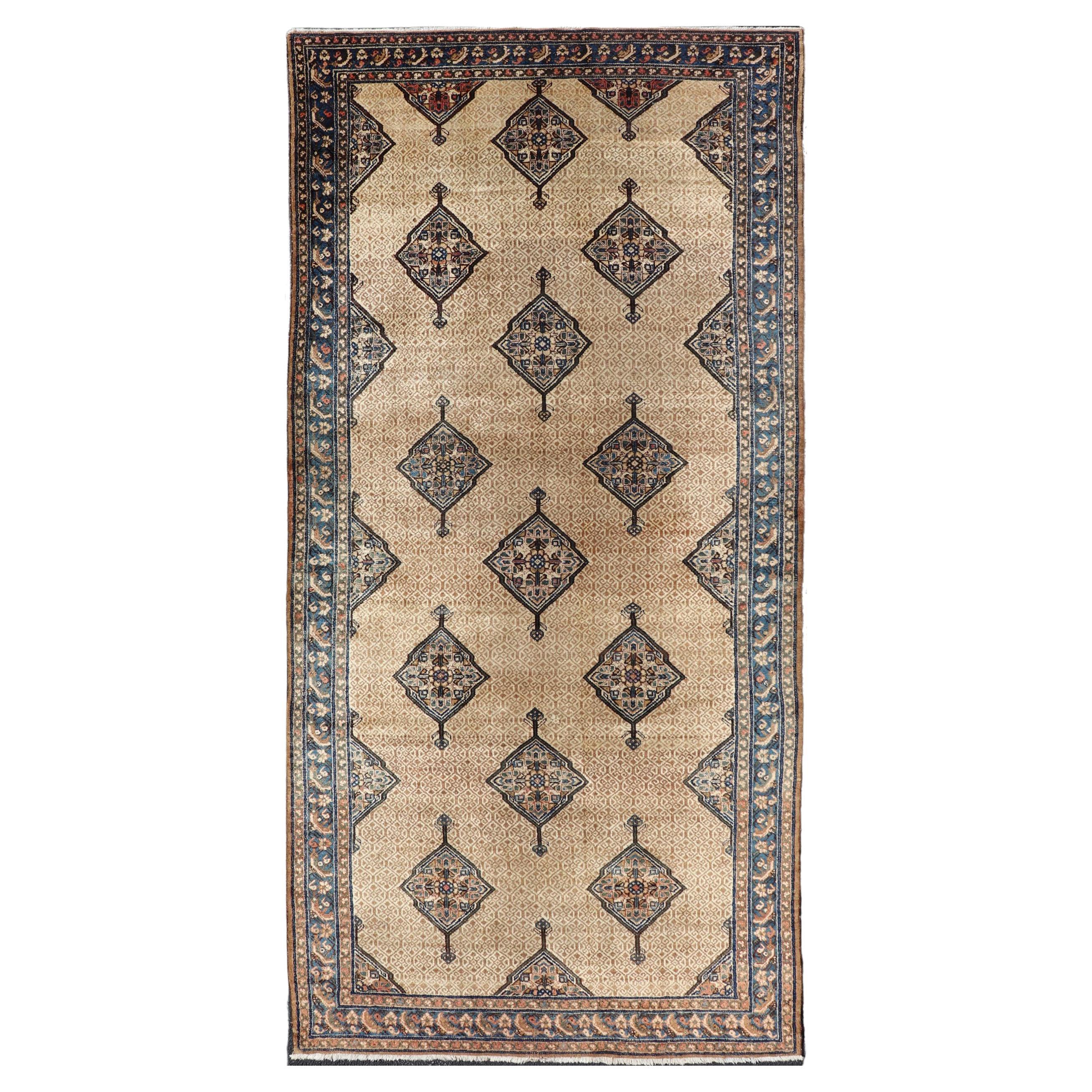 Antique Persian Serab Gallery with Tribal Geometric Design in Camel, Green, Blue