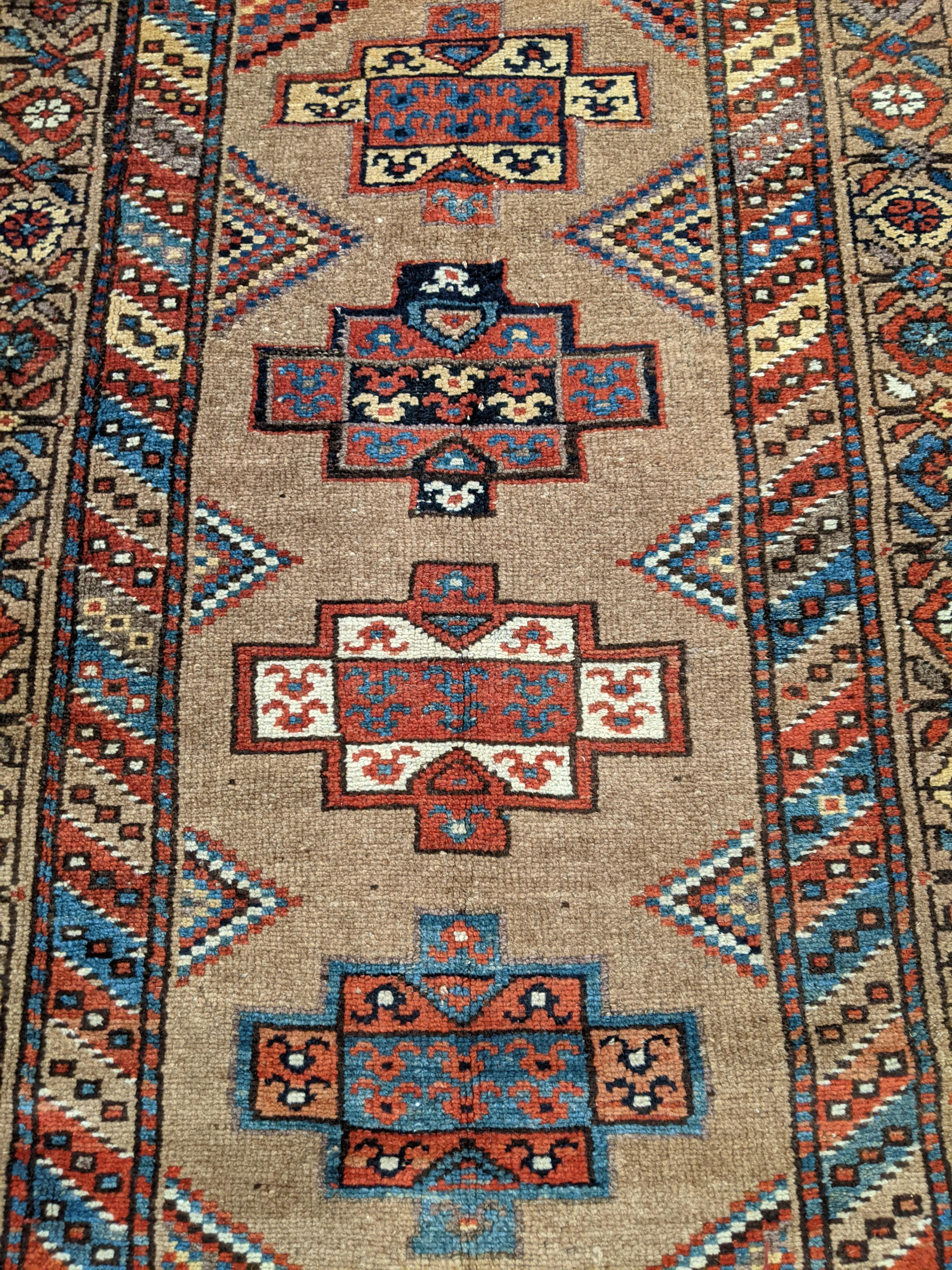 Woven Antique Persian Serab, Geometric Design, Rust on Camel, Wool, Runner 1910 3-5x9 For Sale