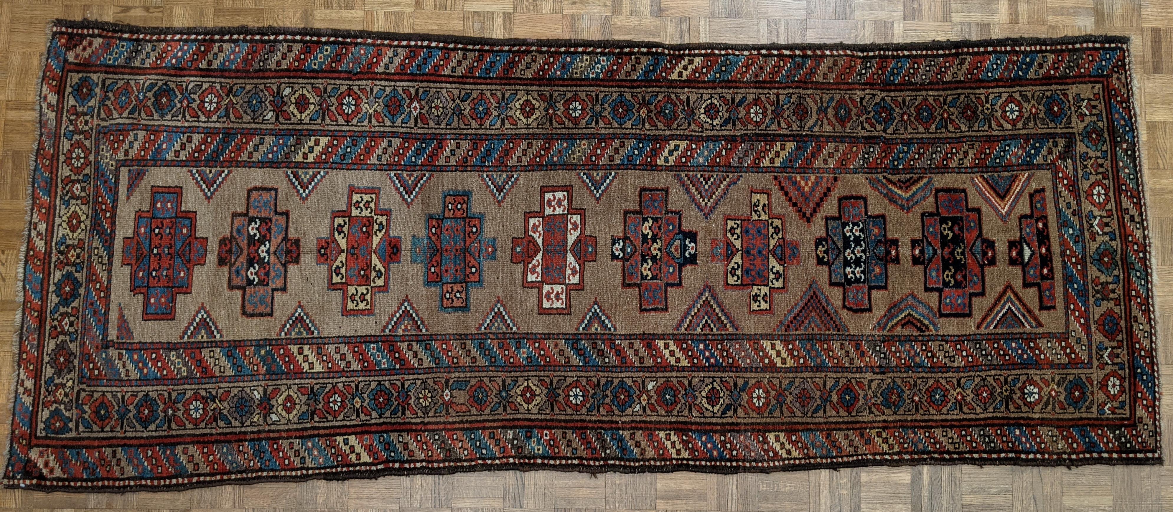 Antique Persian Serab, Geometric Design, Rust on Camel, Wool, Runner 1910 3-5x9 In Good Condition For Sale In Williamsburg, VA