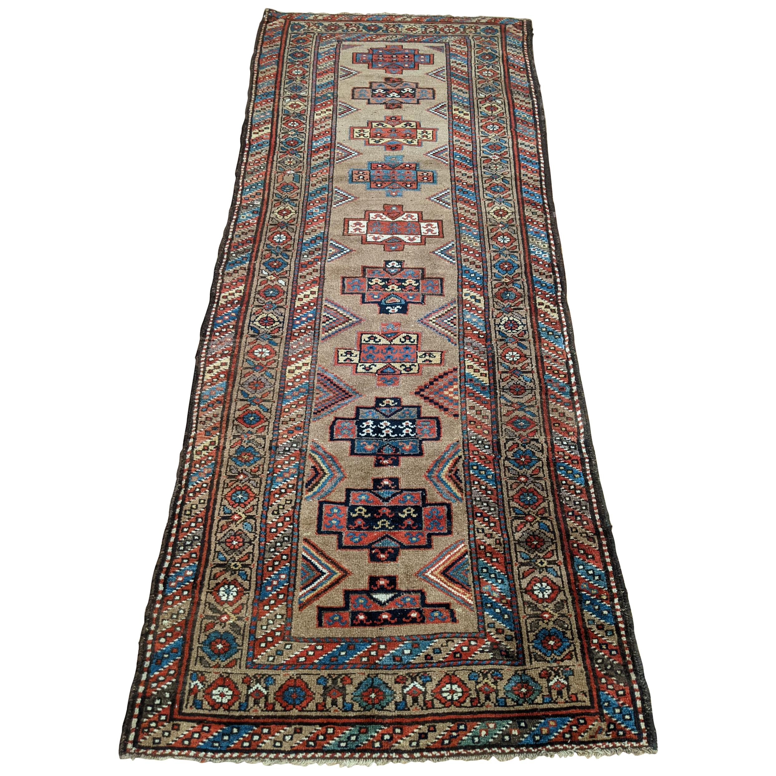 Antique Persian Serab, Geometric Design, Rust on Camel, Wool, Runner 1910 3-5x9 For Sale