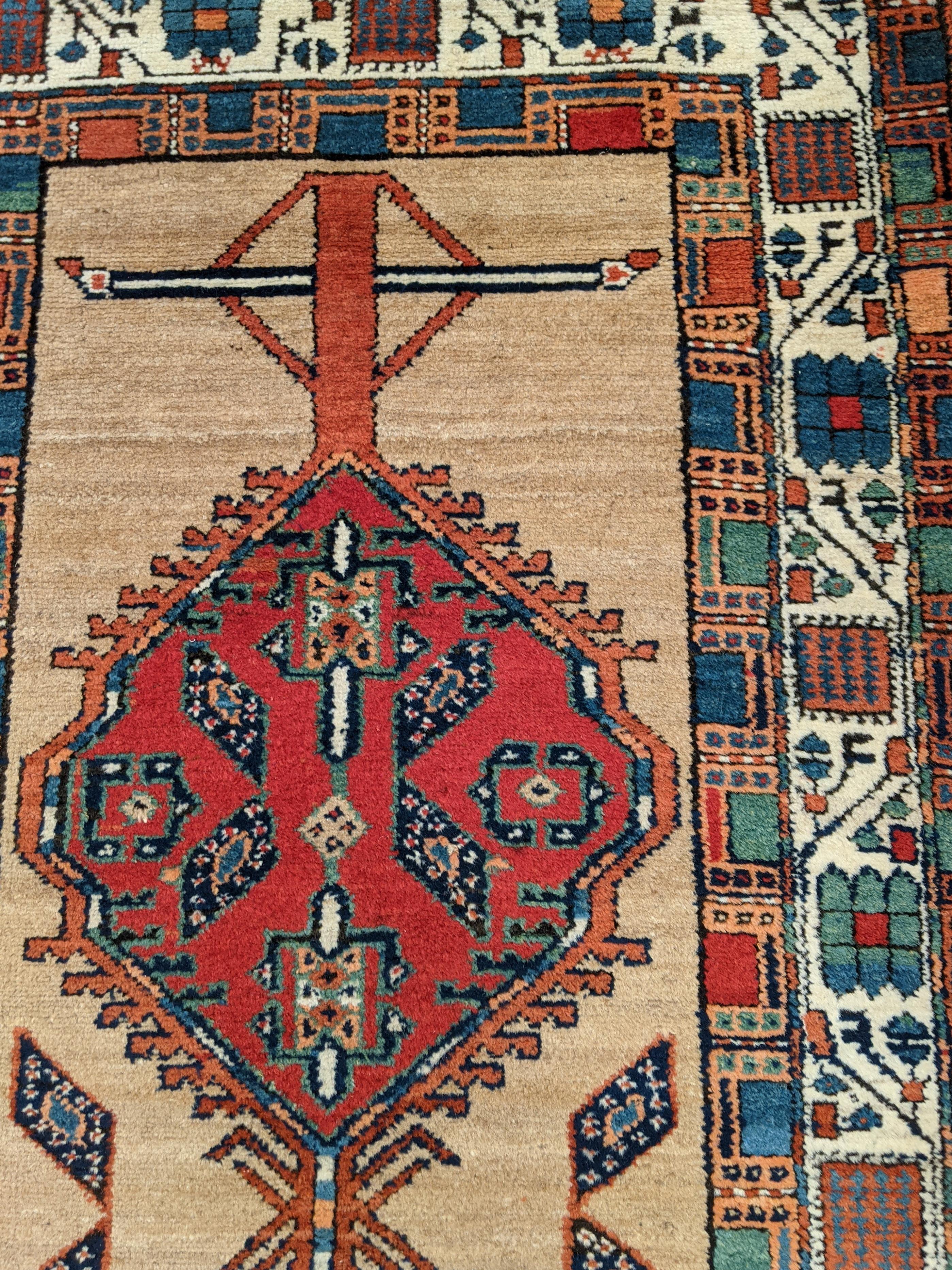 Heriz Serapi Antique Persian Serab, Geometric Design, Rust on Camel, Wool, Runner, 1930 3x12 For Sale