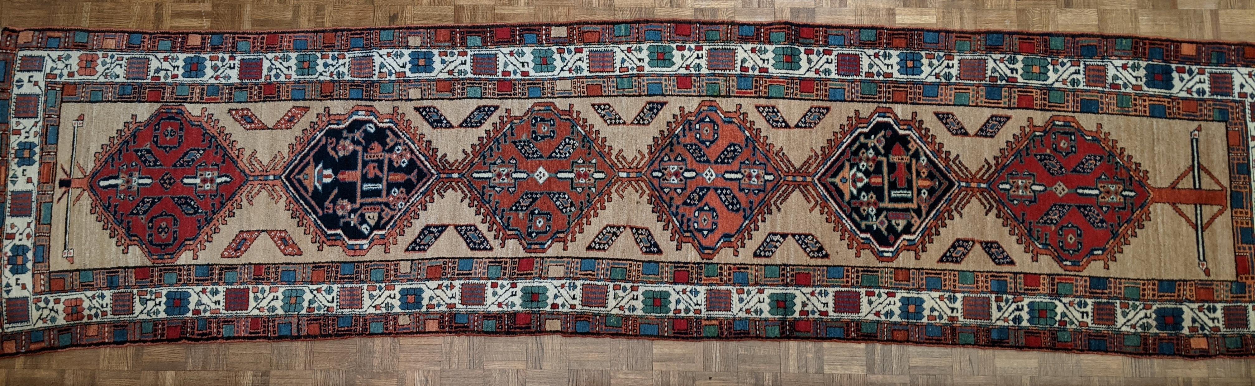 Azerbaijani Antique Persian Serab, Geometric Design, Rust on Camel, Wool, Runner, 1930 3x12 For Sale
