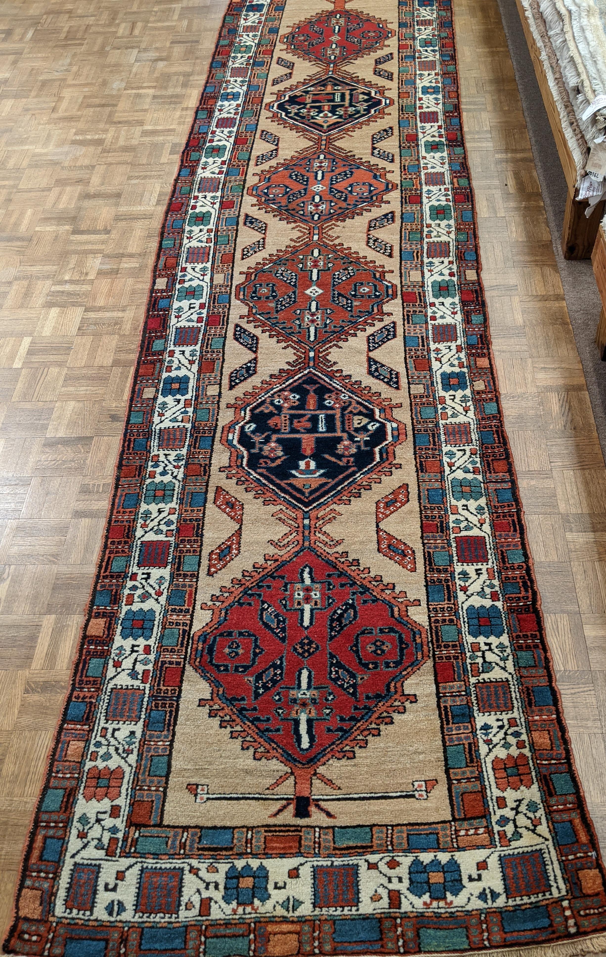Woven Antique Persian Serab, Geometric Design, Rust on Camel, Wool, Runner, 1930 3x12 For Sale