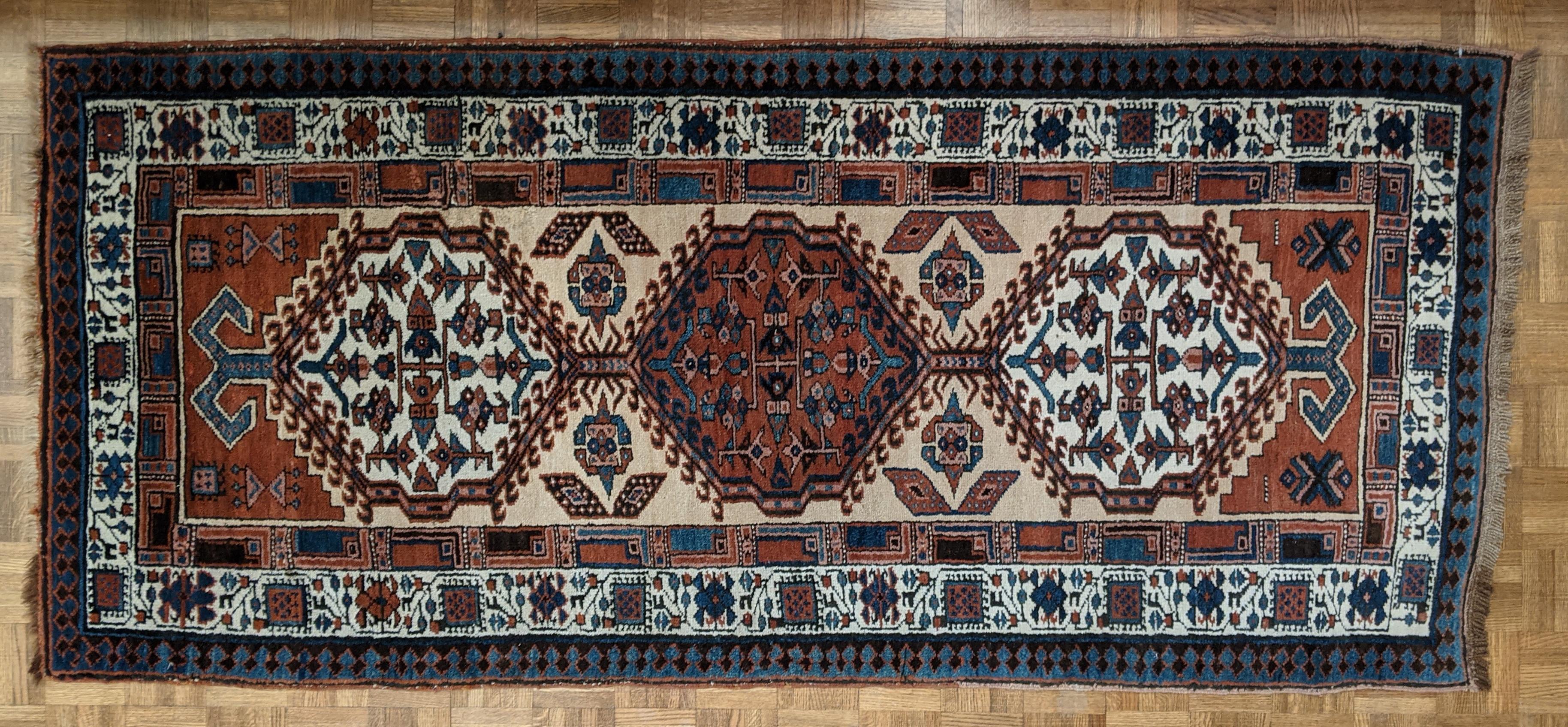 Azerbaijani Antique Persian Serab, Geometric Design, Rust on Camel, Wool, Runner, 1930 3x6 For Sale