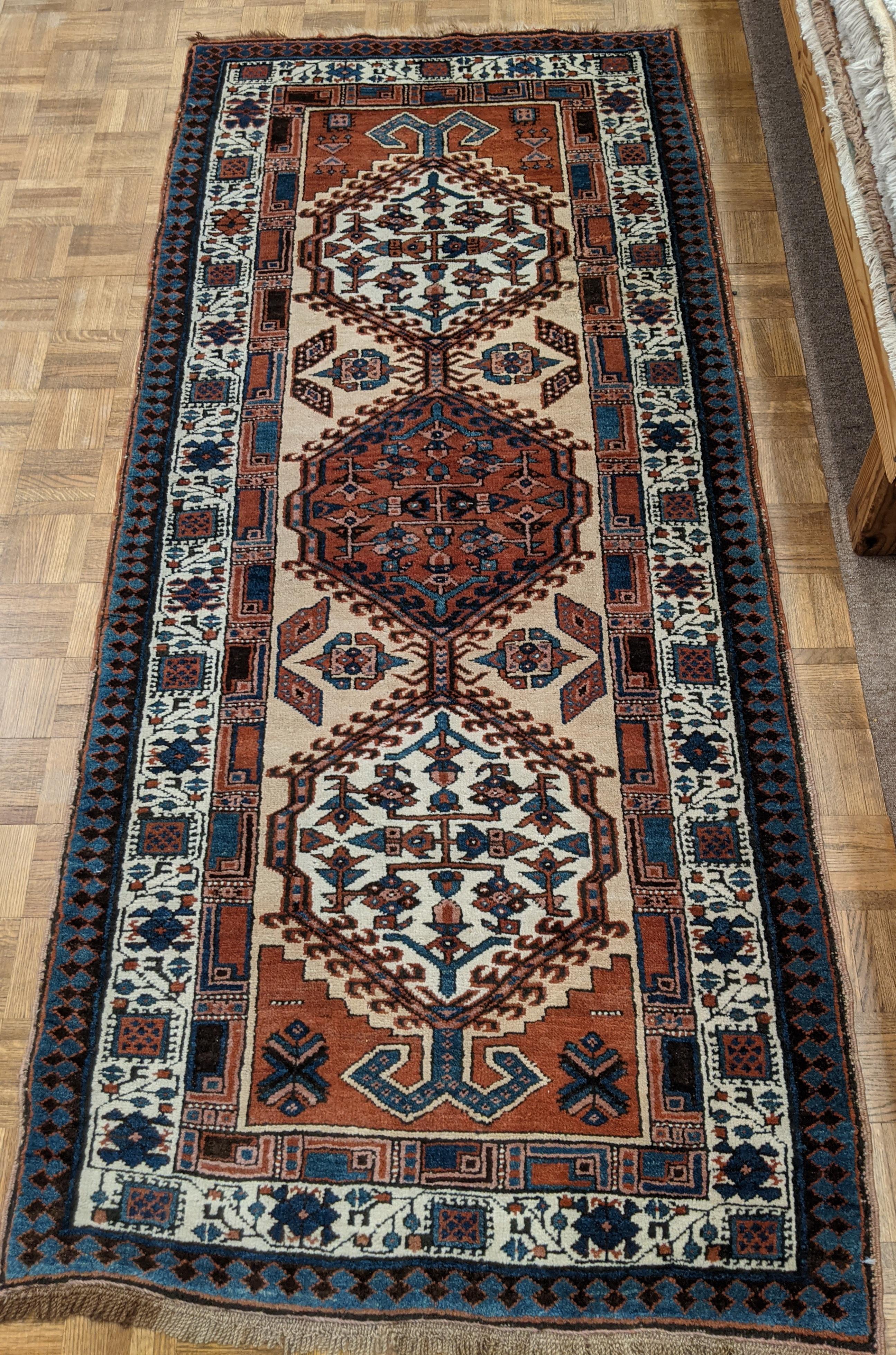 Woven Antique Persian Serab, Geometric Design, Rust on Camel, Wool, Runner, 1930 3x6 For Sale
