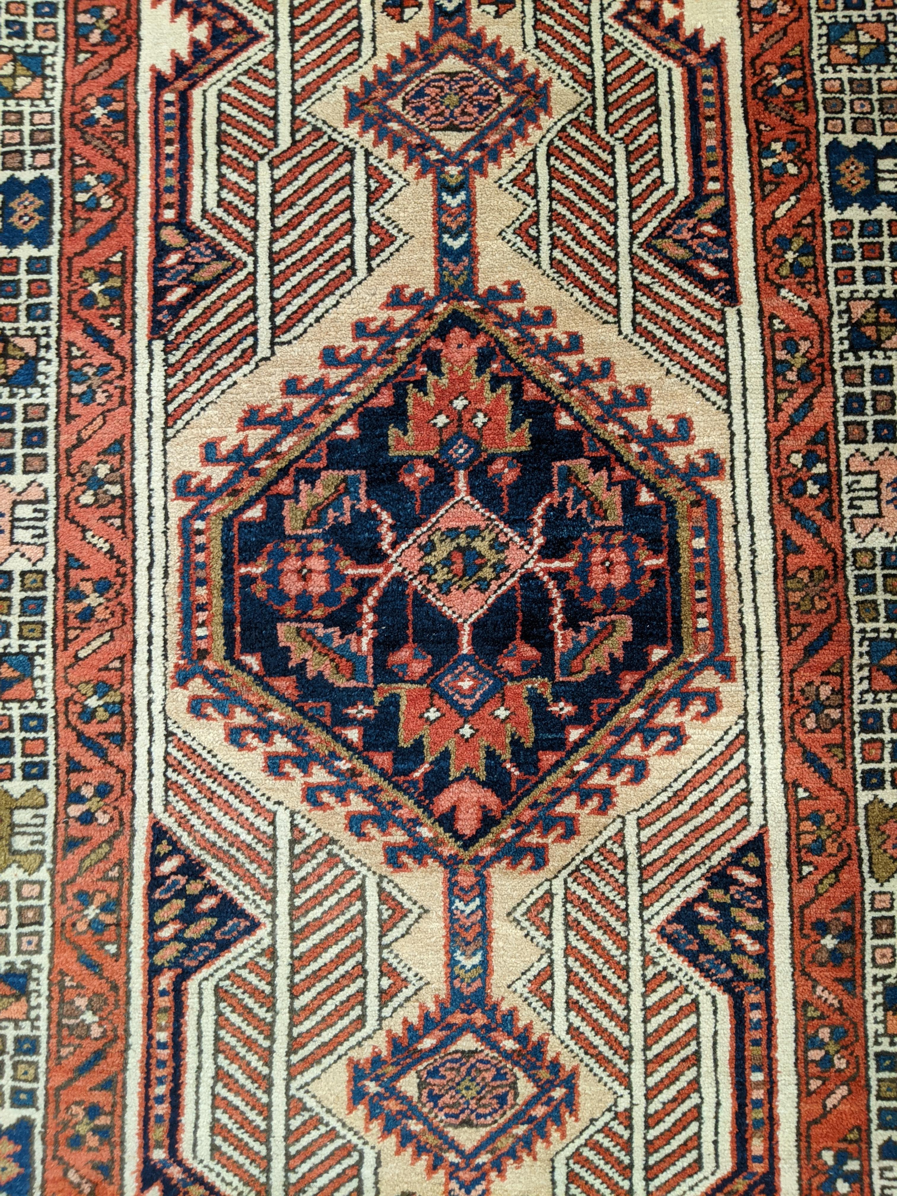 Heriz Serapi Antique Persian Serab, Geometric Design, Rust on Camel, Wool, Short Runner, 1920 For Sale