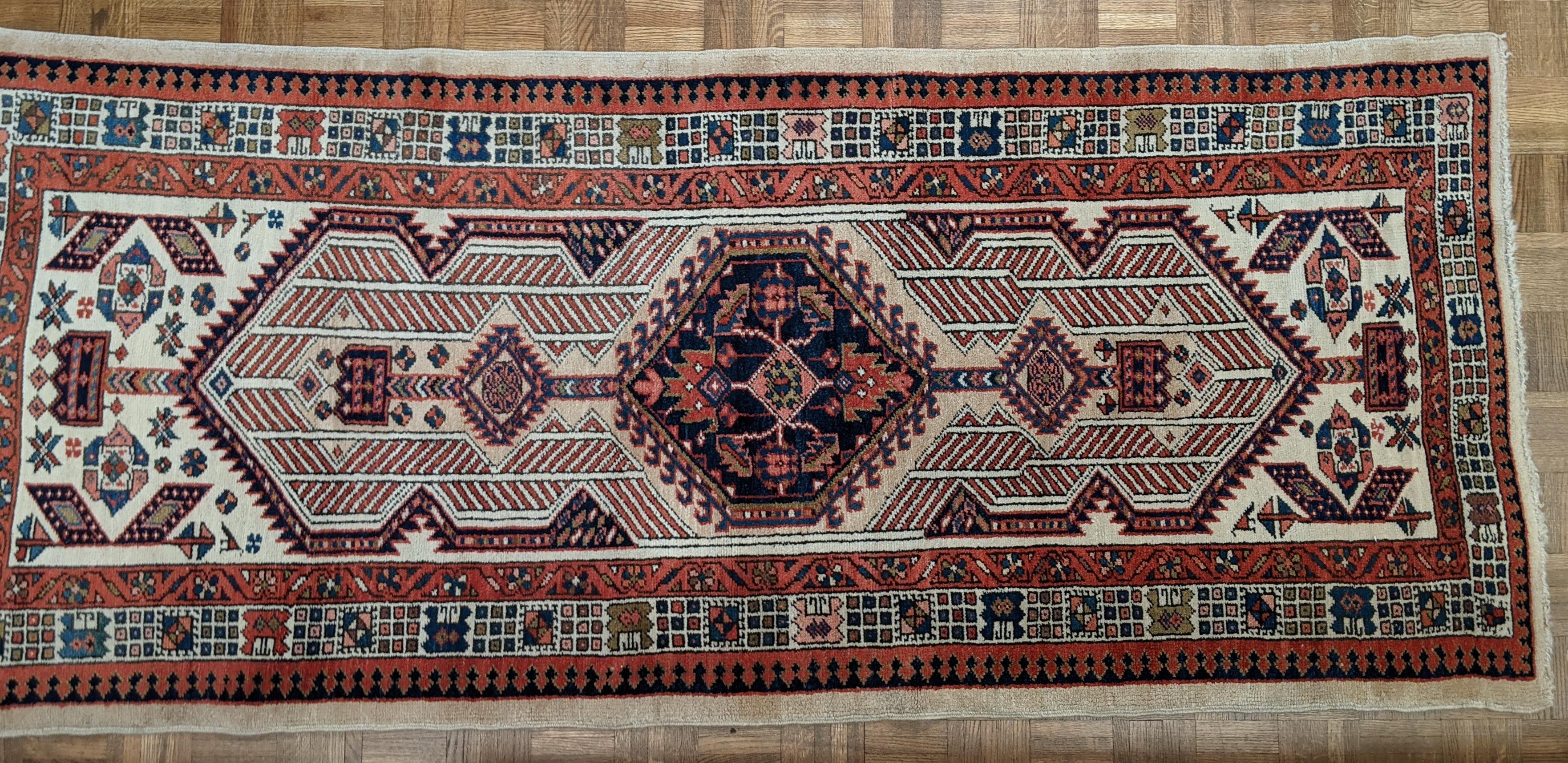 Azerbaijani Antique Persian Serab, Geometric Design, Rust on Camel, Wool, Short Runner, 1920 For Sale