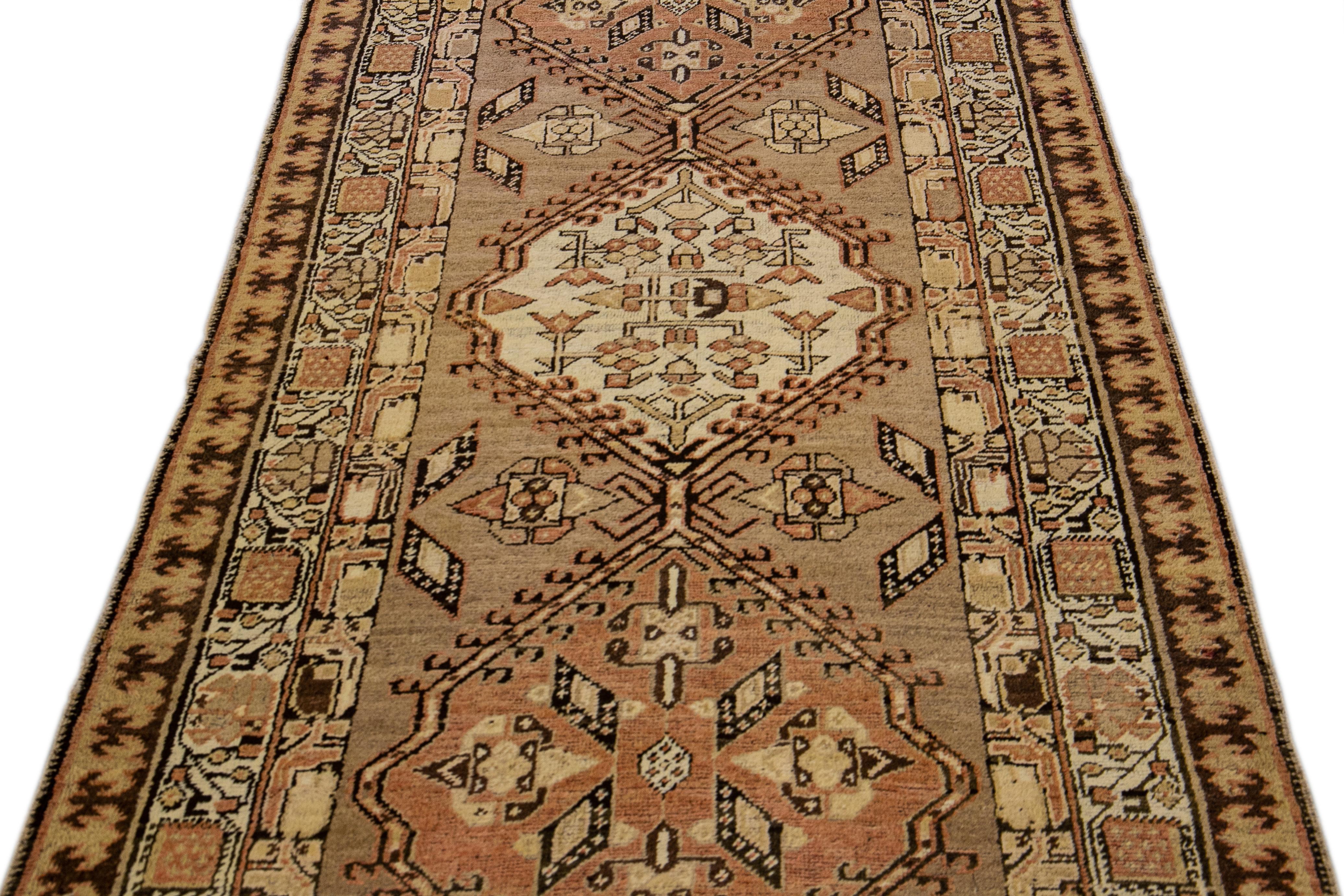 Hand-Knotted Antique Persian Serab Handmade Tribal Tan Wool Runner For Sale