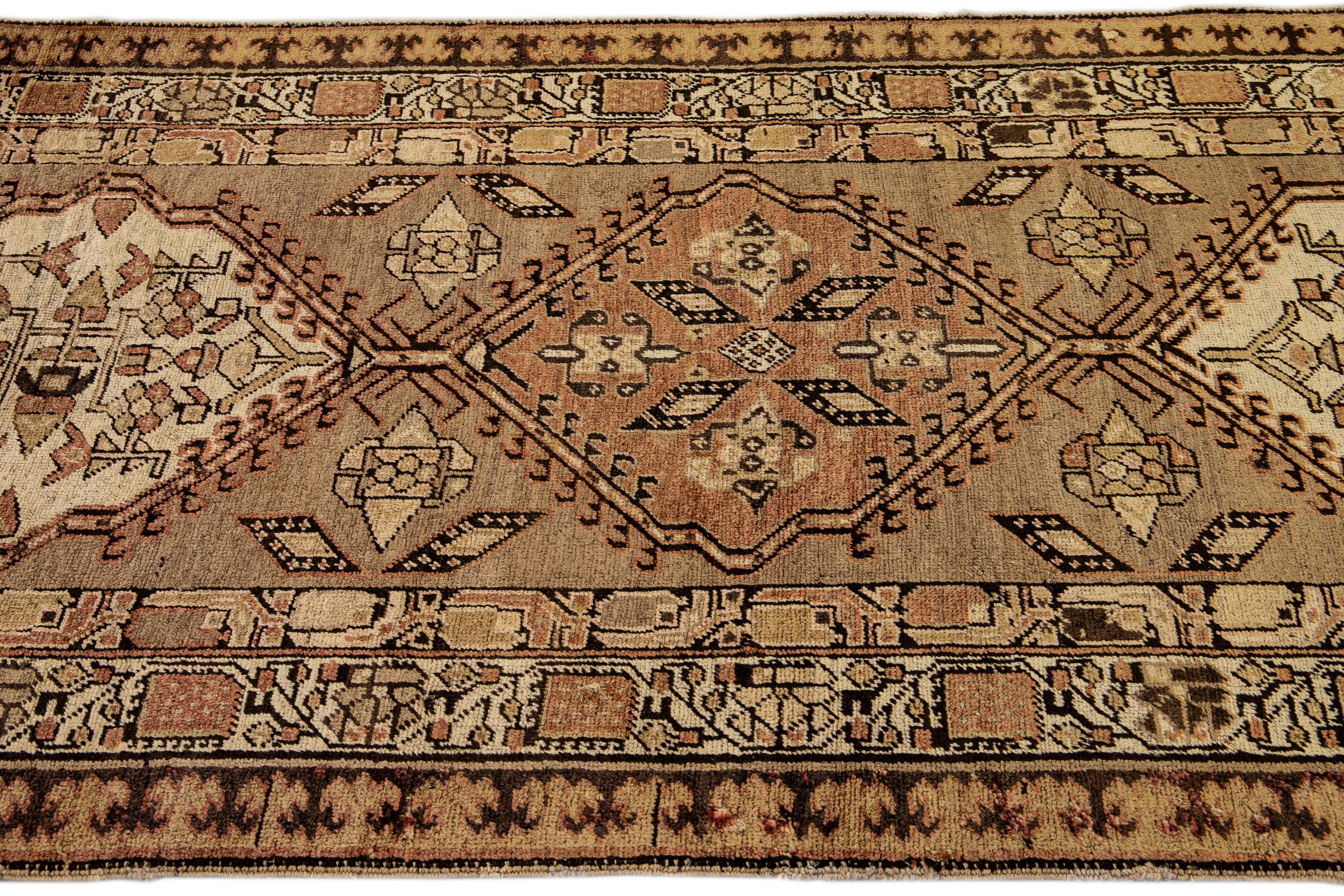Antique Persian Serab Handmade Tribal Tan Wool Runner For Sale 1