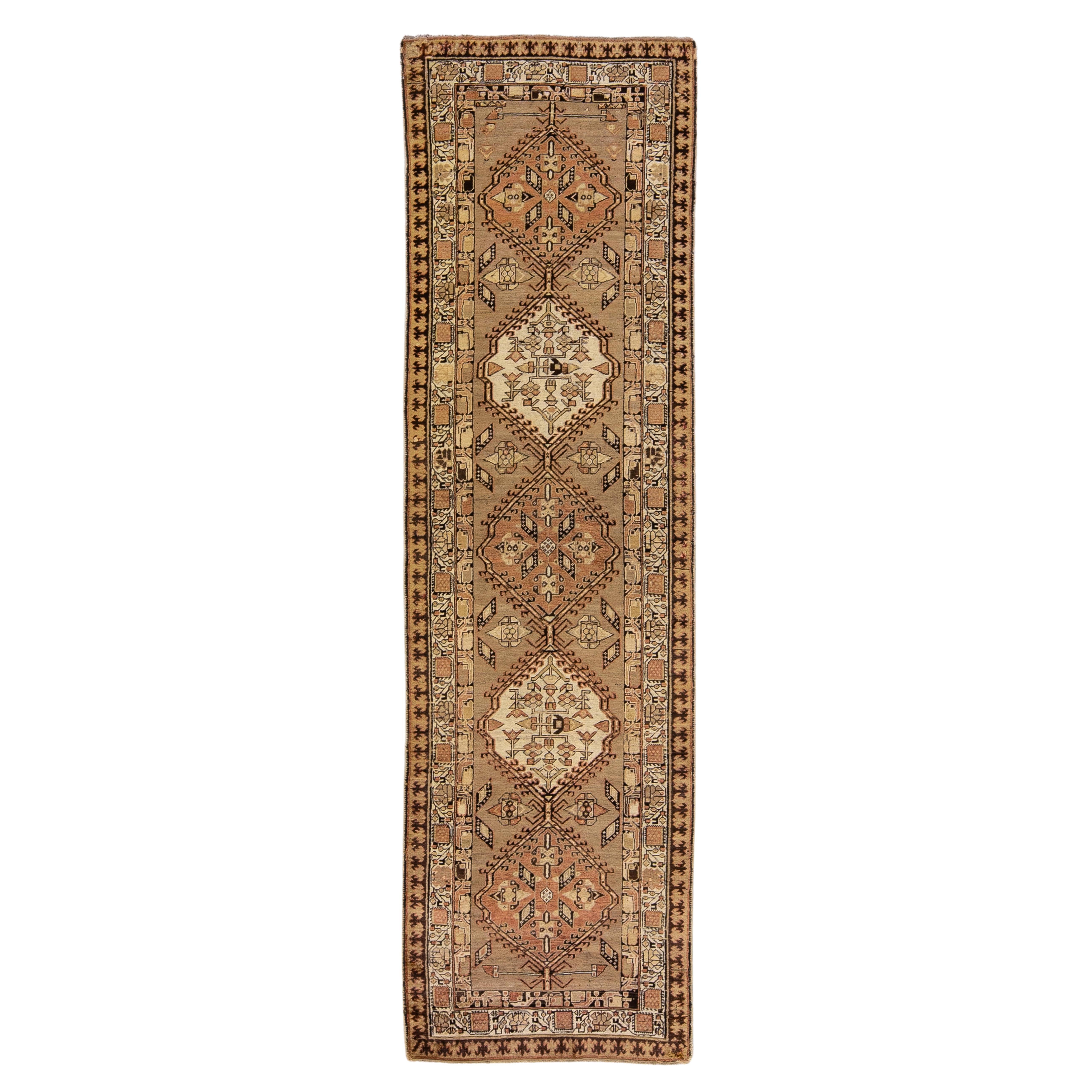 Antique Persian Serab Handmade Tribal Tan Wool Runner For Sale