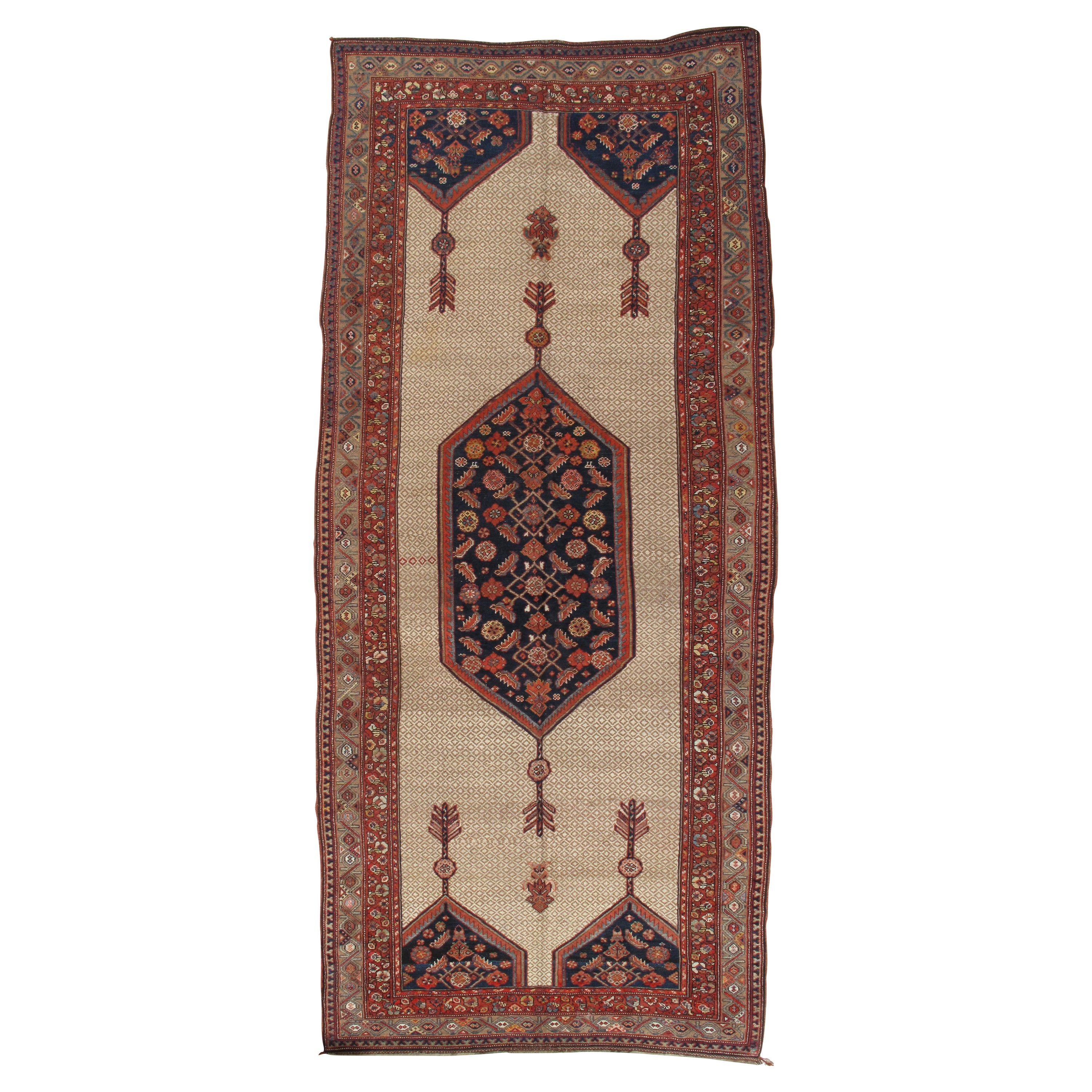 Antico tappeto persiano Serab, tappeto orientale in lana fatto a mano, rosso, avorio, cammello, blu
