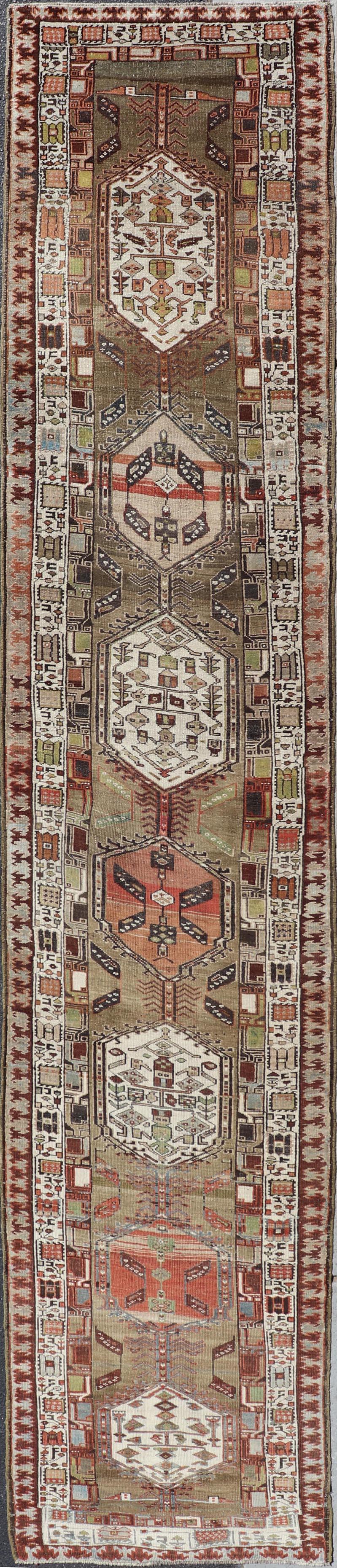 Antique Persian Serab Runner with Bold Geometric Medallions 3'4 x 17'0