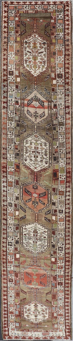 Antique Persian Serab Runner with Bold Geometric Medallions 3'4 x 17'0
