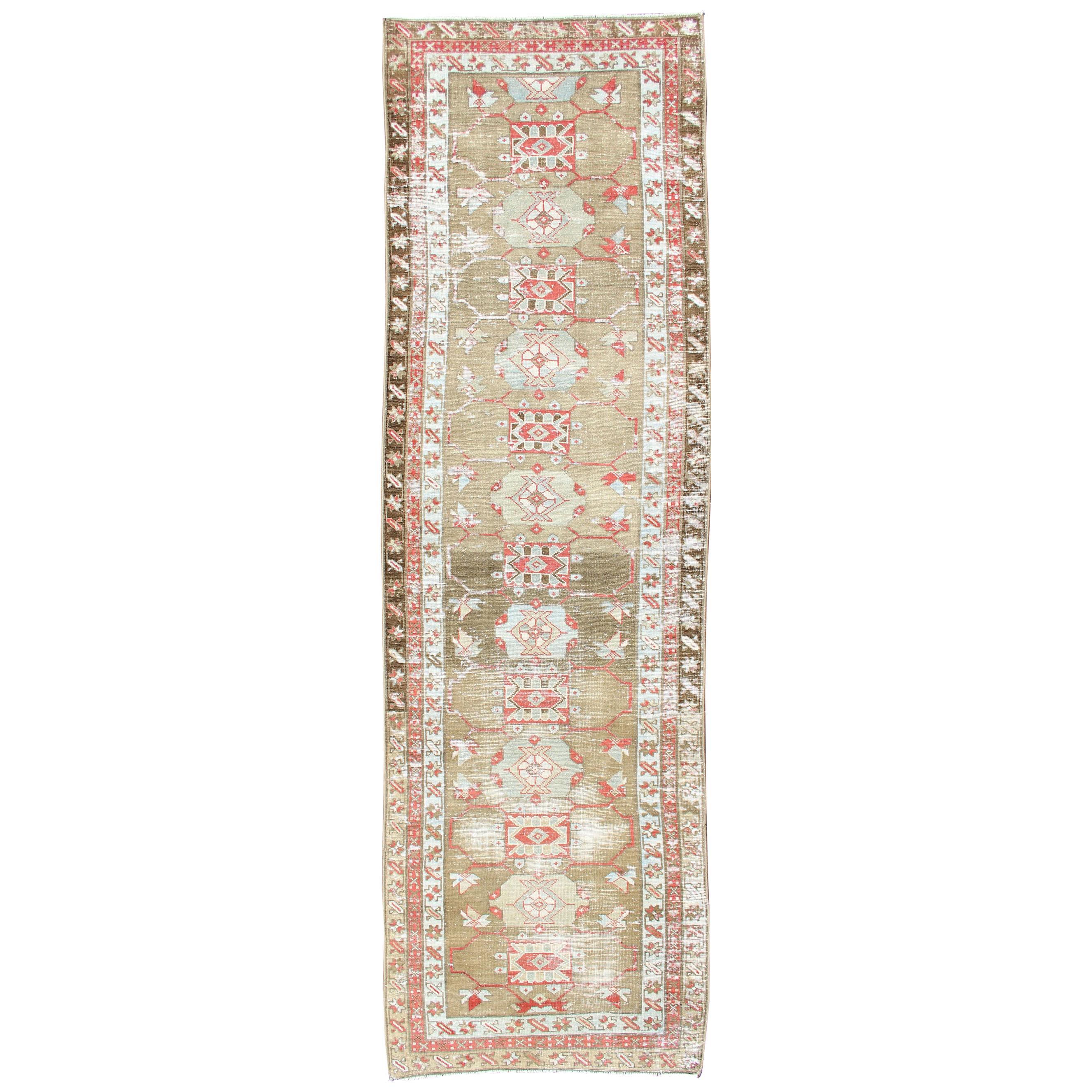 Antique Persian Serab Distressed Runner With Geometric  Design in Light Green  For Sale