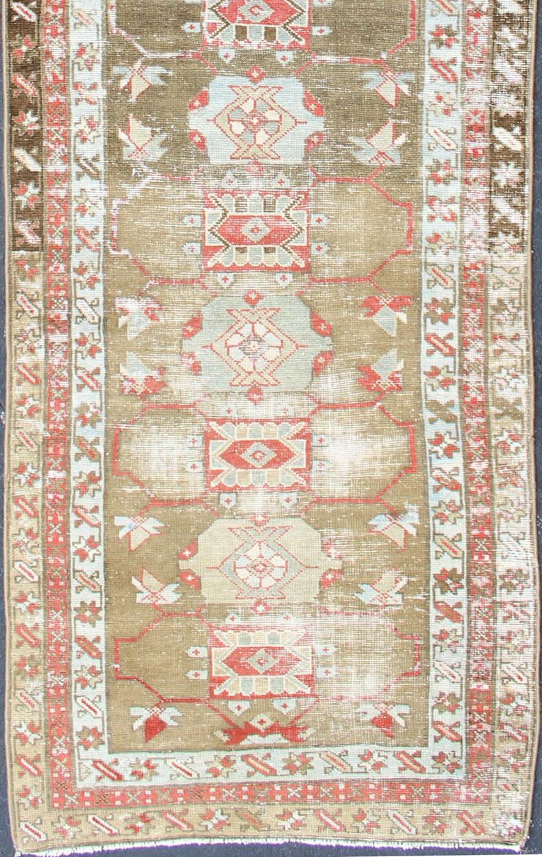 Serapi Antique Persian Serab Distressed Runner With Geometric  Design in Light Green  For Sale