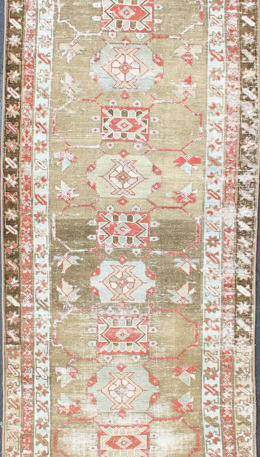 Hand-Knotted Antique Persian Serab Distressed Runner With Geometric  Design in Light Green  For Sale