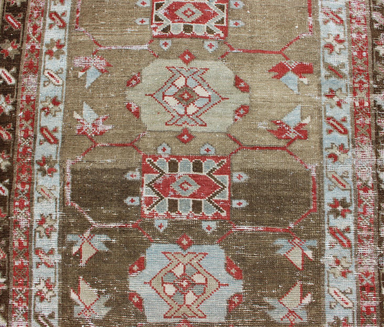 20th Century Antique Persian Serab Distressed Runner With Geometric  Design in Light Green  For Sale