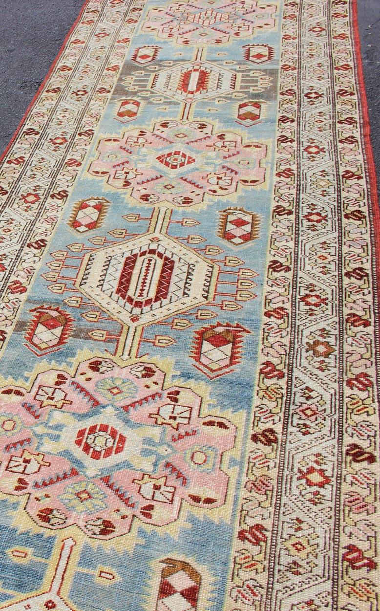 Tabriz Antique Persian Serab Runner with Geometric Medallion Design in Red and L.Blue For Sale