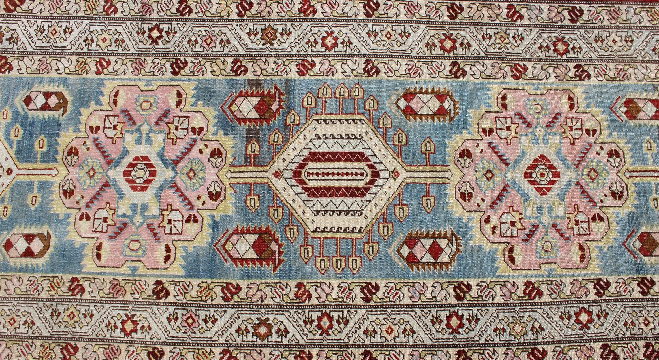 Hand-Knotted Antique Persian Serab Runner with Geometric Medallion Design in Red and L.Blue For Sale