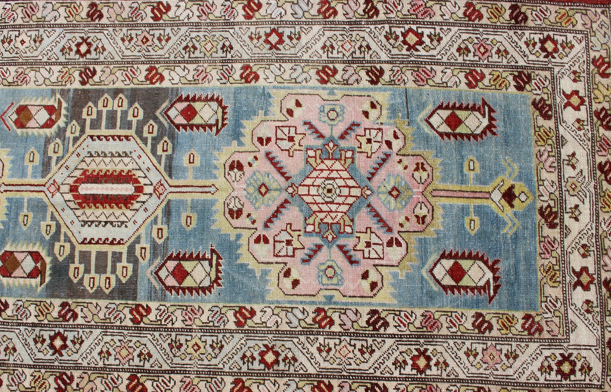 Antique Persian Serab Runner with Geometric Medallion Design in Red and L.Blue In Good Condition For Sale In Atlanta, GA
