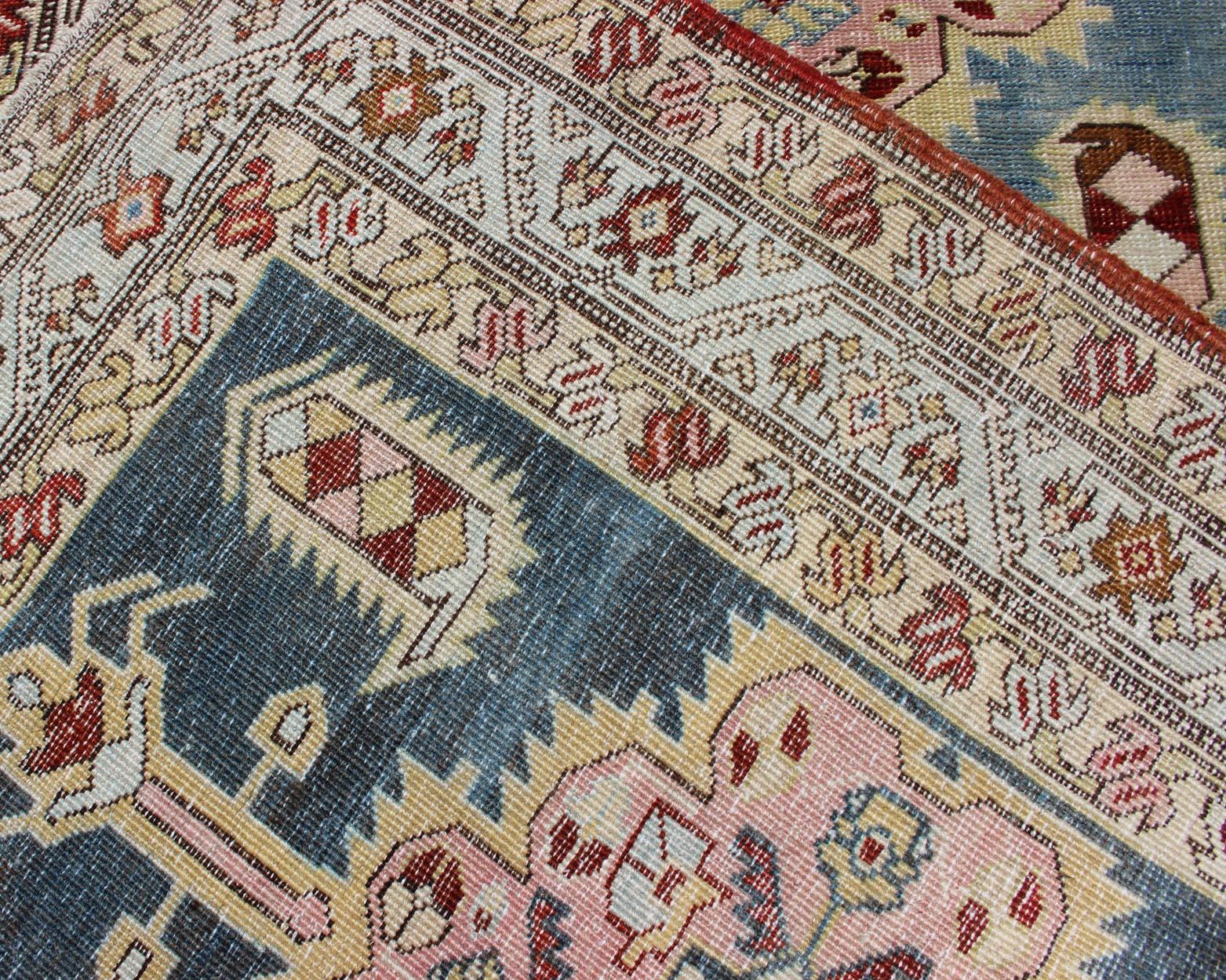 Antique Persian Serab Runner with Geometric Medallion Design in Red and L.Blue For Sale 1