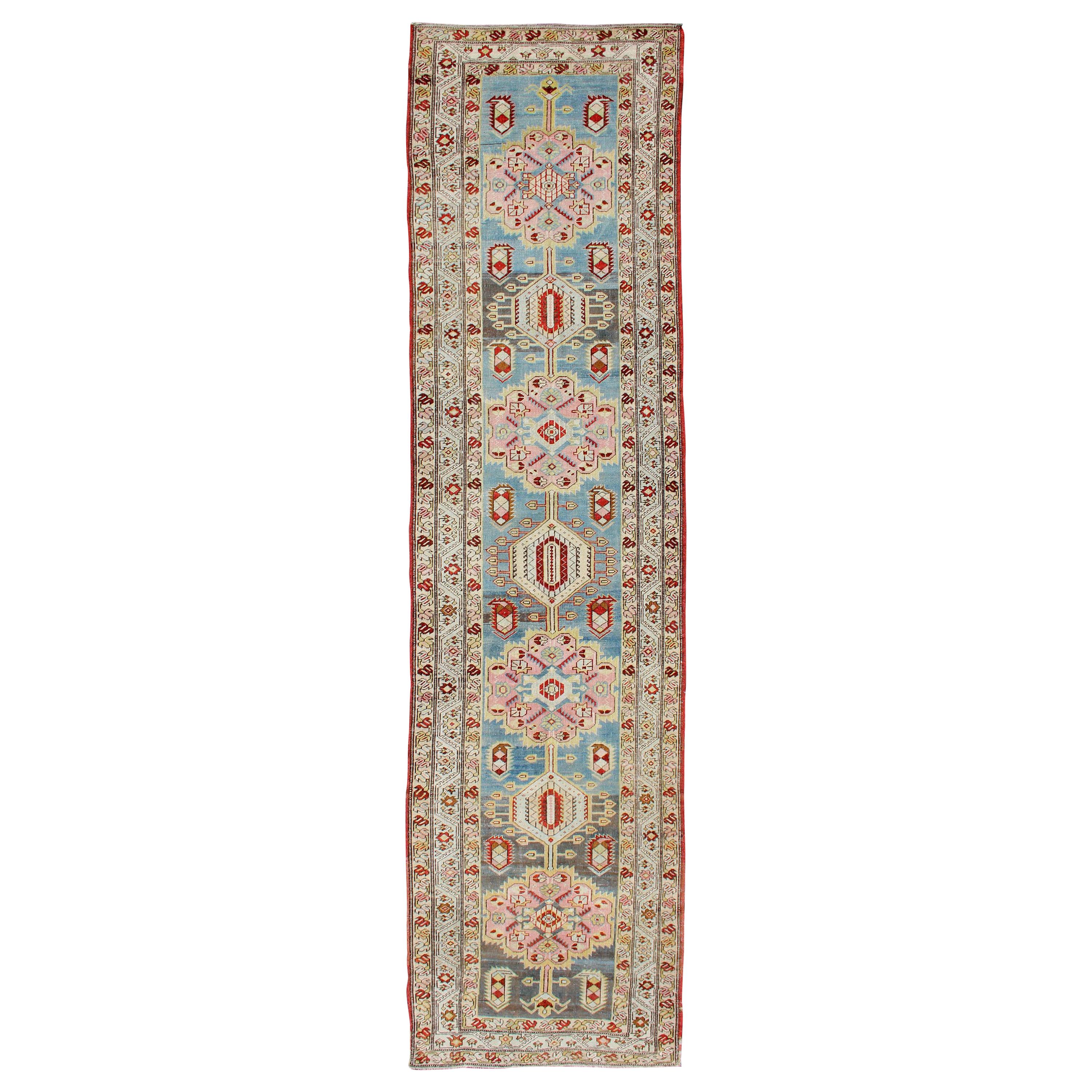 Antique Persian Serab Runner with Geometric Medallion Design in Red and L.Blue For Sale