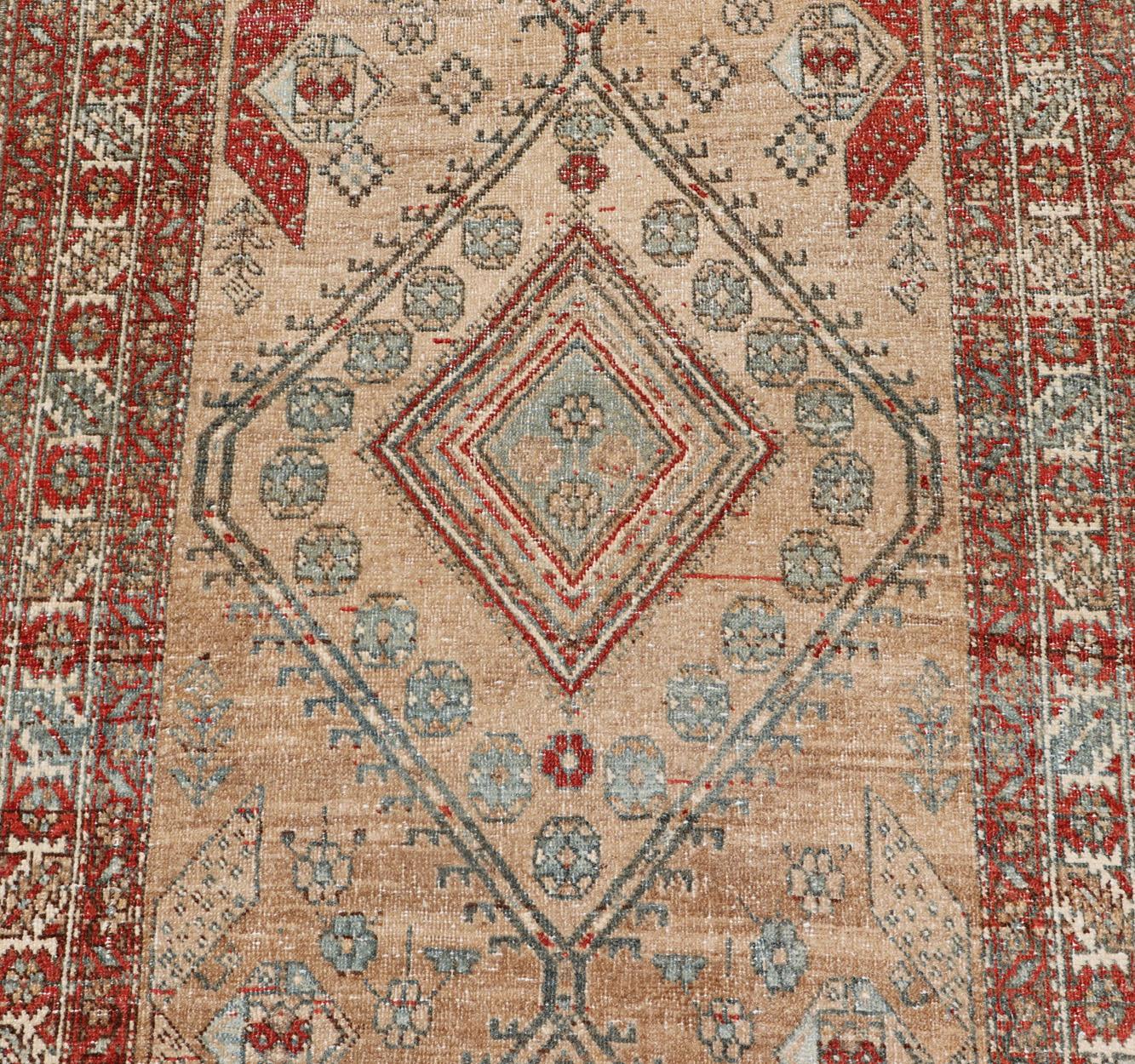 Antique Persian Serab Runner with Geometric Medallion Design in Red and Tan For Sale 1