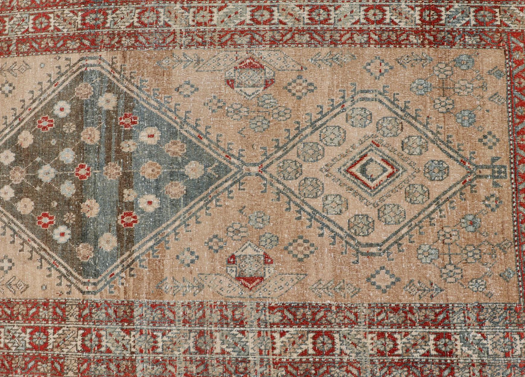 Antique Persian Serab Runner with Geometric Medallion Design in Red and Tan For Sale 2
