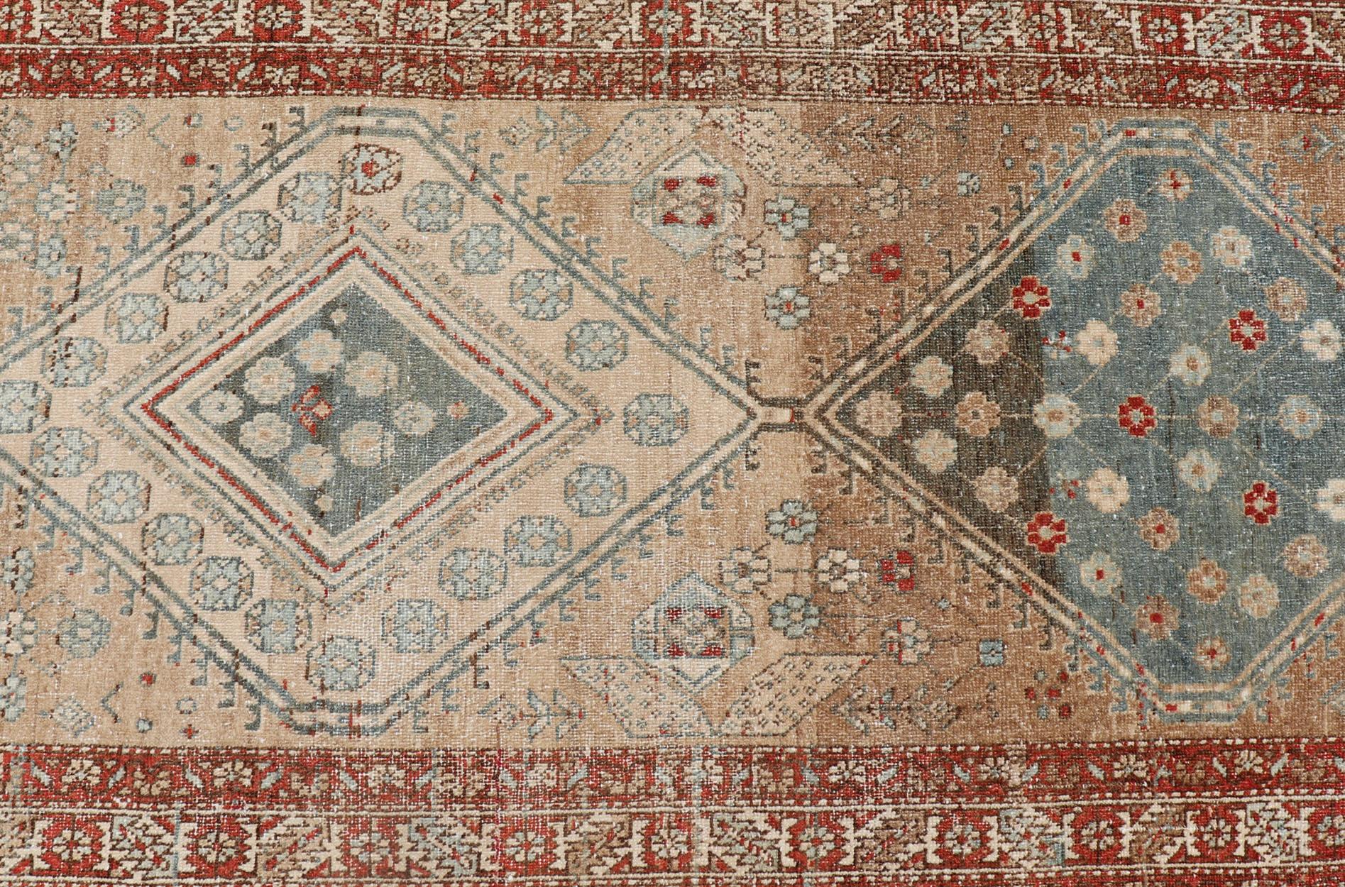 Antique Persian Serab Runner with Geometric Medallion Design in Red and Tan For Sale 3