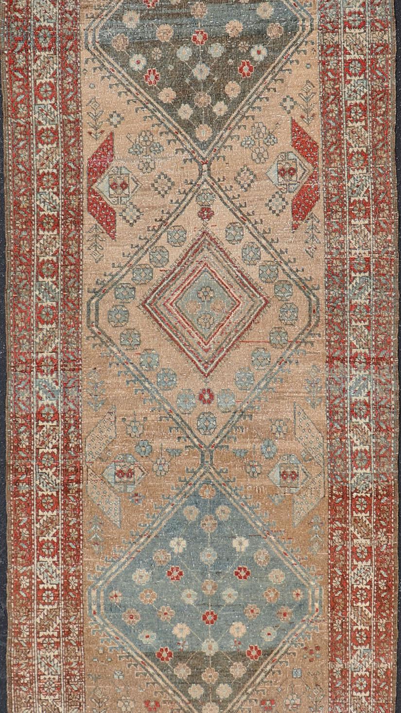 Tribal Antique Persian Serab Runner with Geometric Medallion Design in Red and Tan For Sale