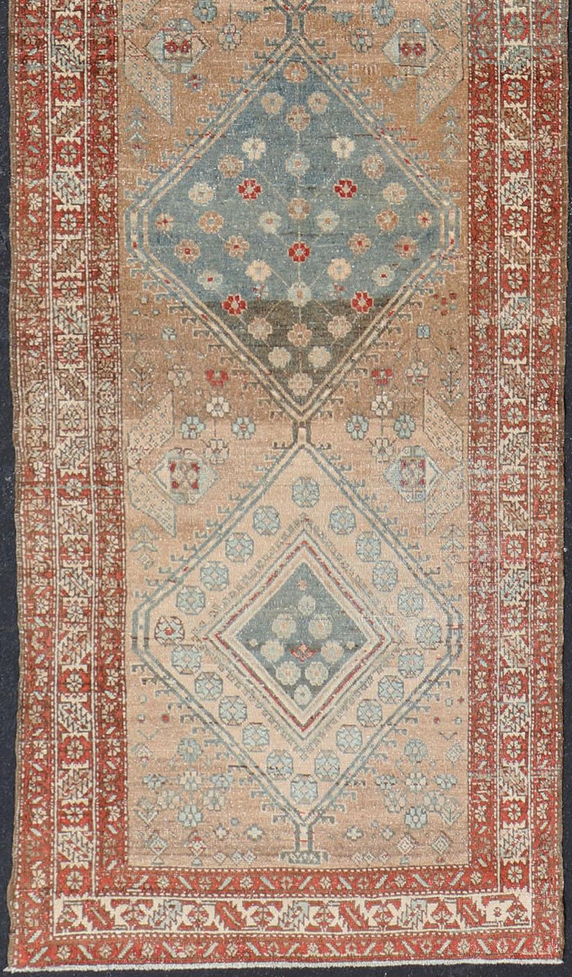 Hand-Knotted Antique Persian Serab Runner with Geometric Medallion Design in Red and Tan For Sale