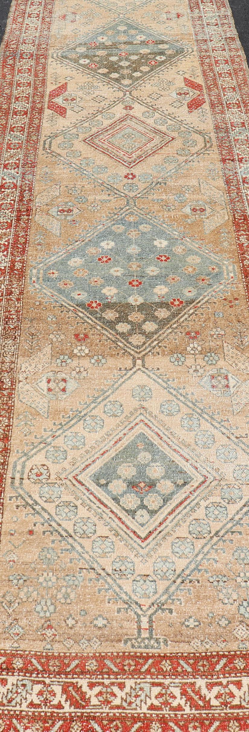 20th Century Antique Persian Serab Runner with Geometric Medallion Design in Red and Tan For Sale