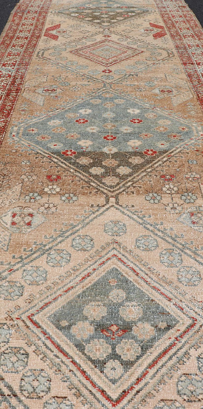 Wool Antique Persian Serab Runner with Geometric Medallion Design in Red and Tan For Sale