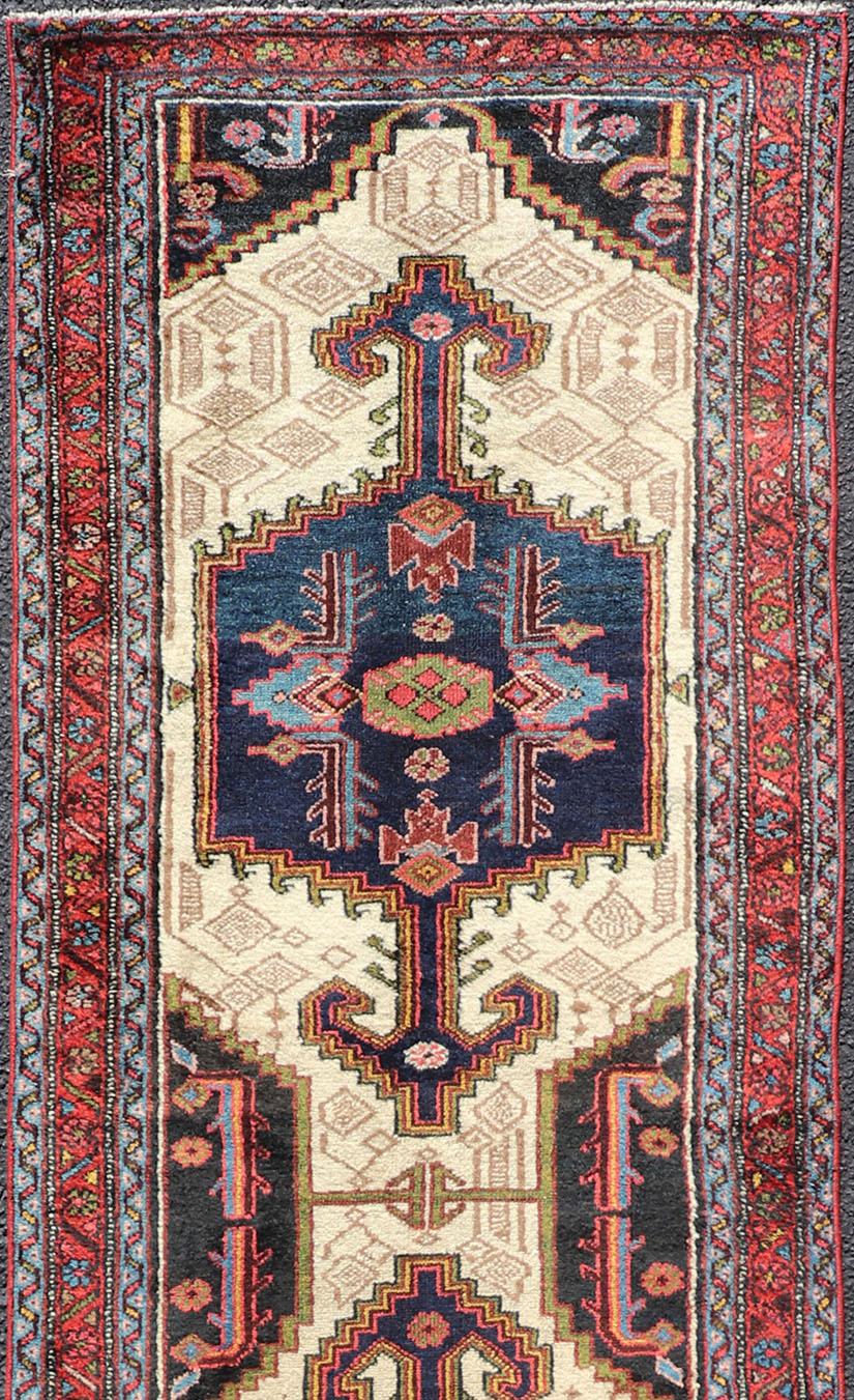 Malayer Antique Persian Serab Runner with Tri-Medallion Geometric Design on Cream Field For Sale