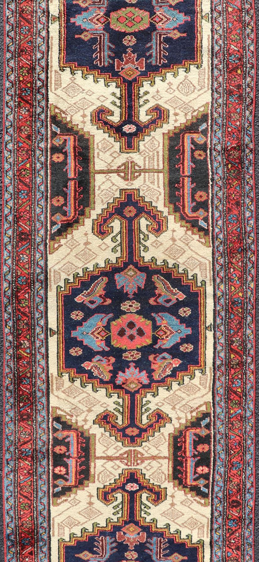 Hand-Knotted Antique Persian Serab Runner with Tri-Medallion Geometric Design on Cream Field For Sale