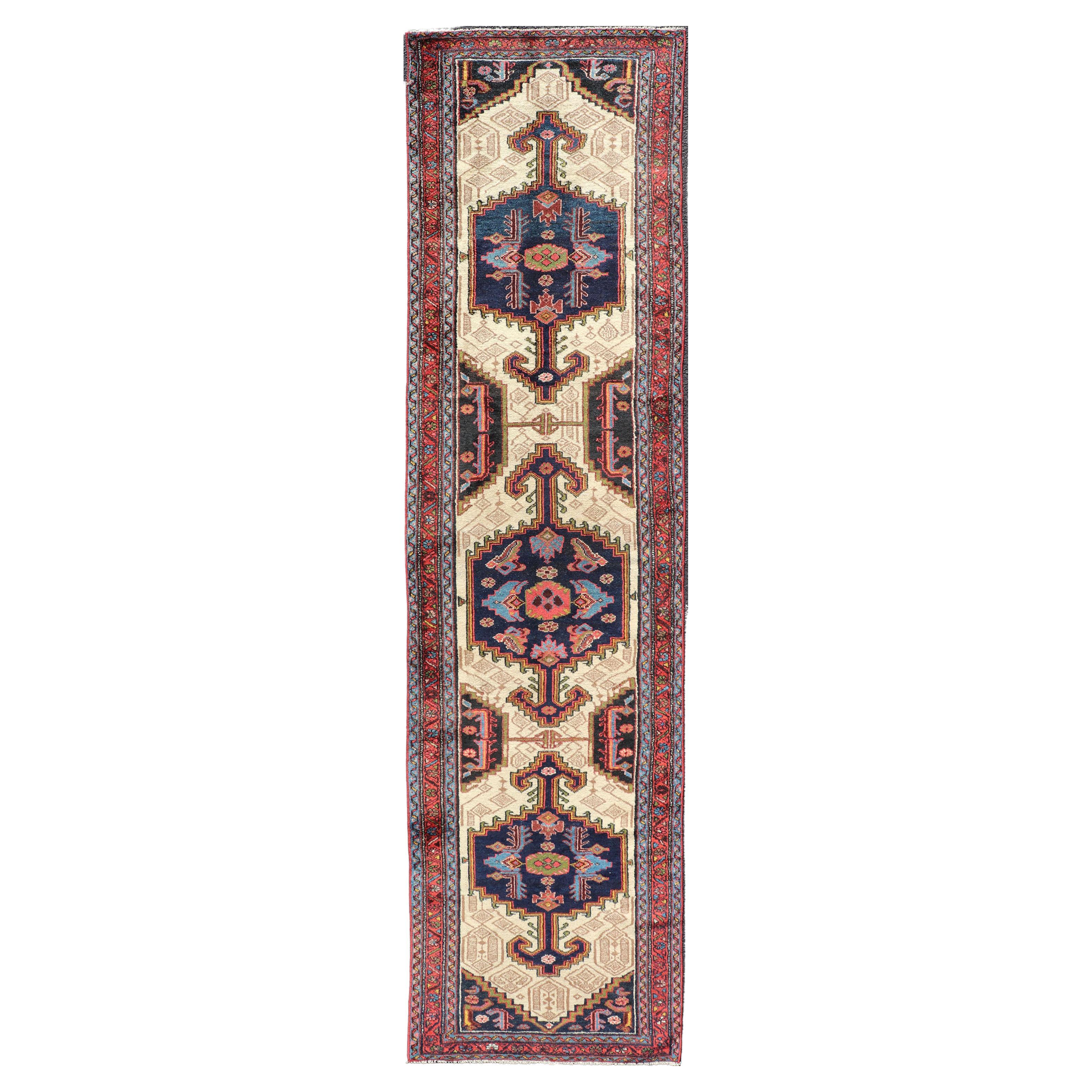 Antique Persian Serab Runner with Tri-Medallion Geometric Design on Cream Field For Sale