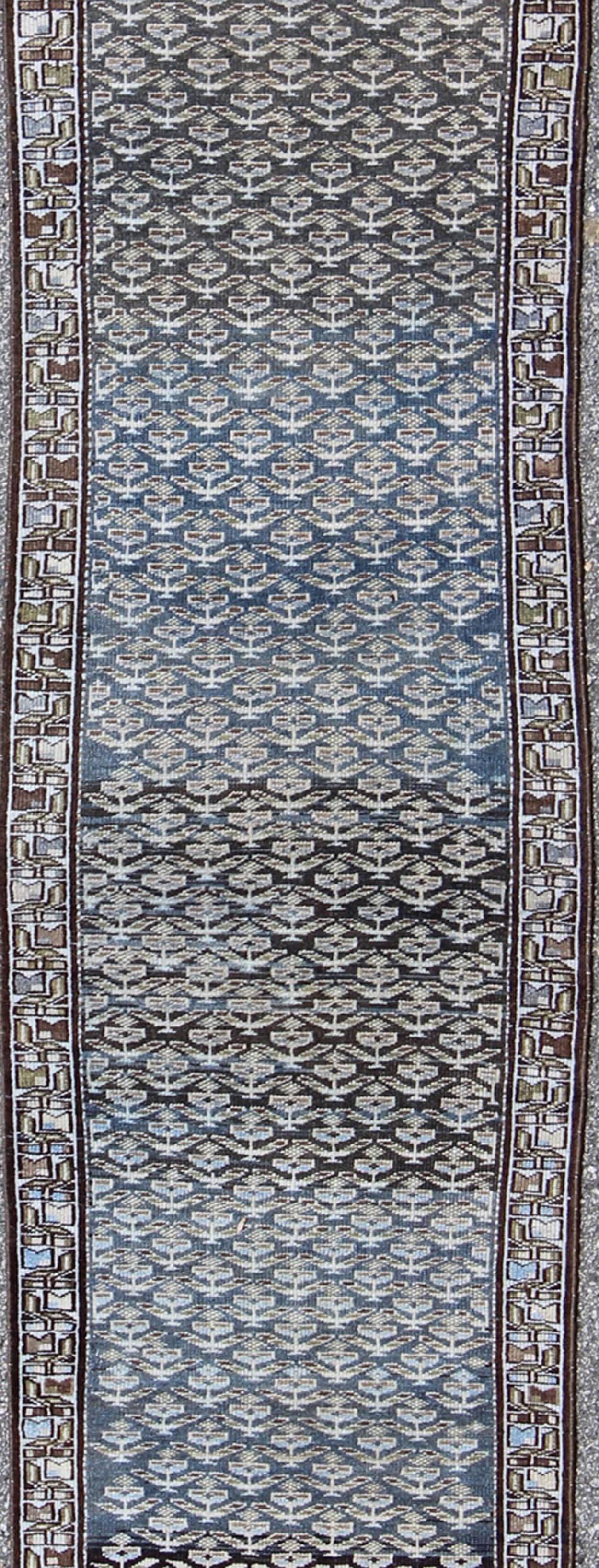Antiker persischer Läufer in Stahlblau, Grau und Braun   2'5 x 12' (Malayer)