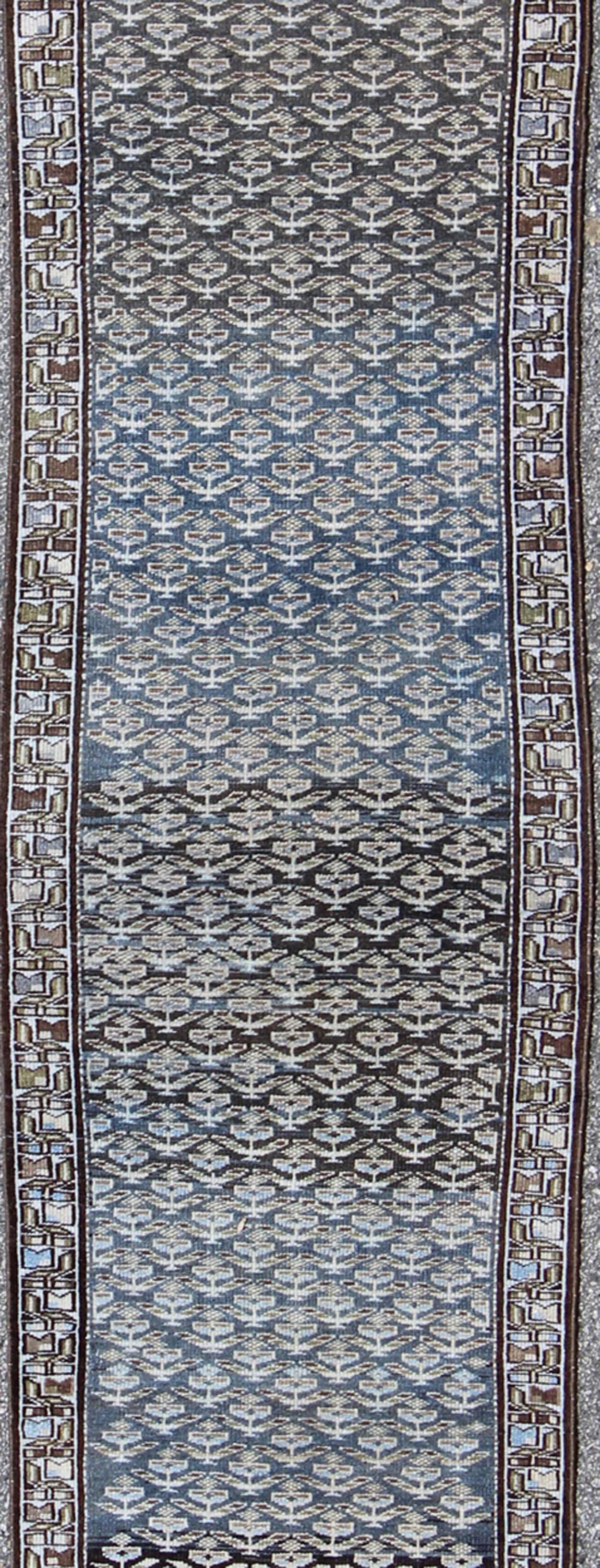 Malayer Antique Persian Seraband Runner with All-Over  Design in Steel Blue and Brown For Sale