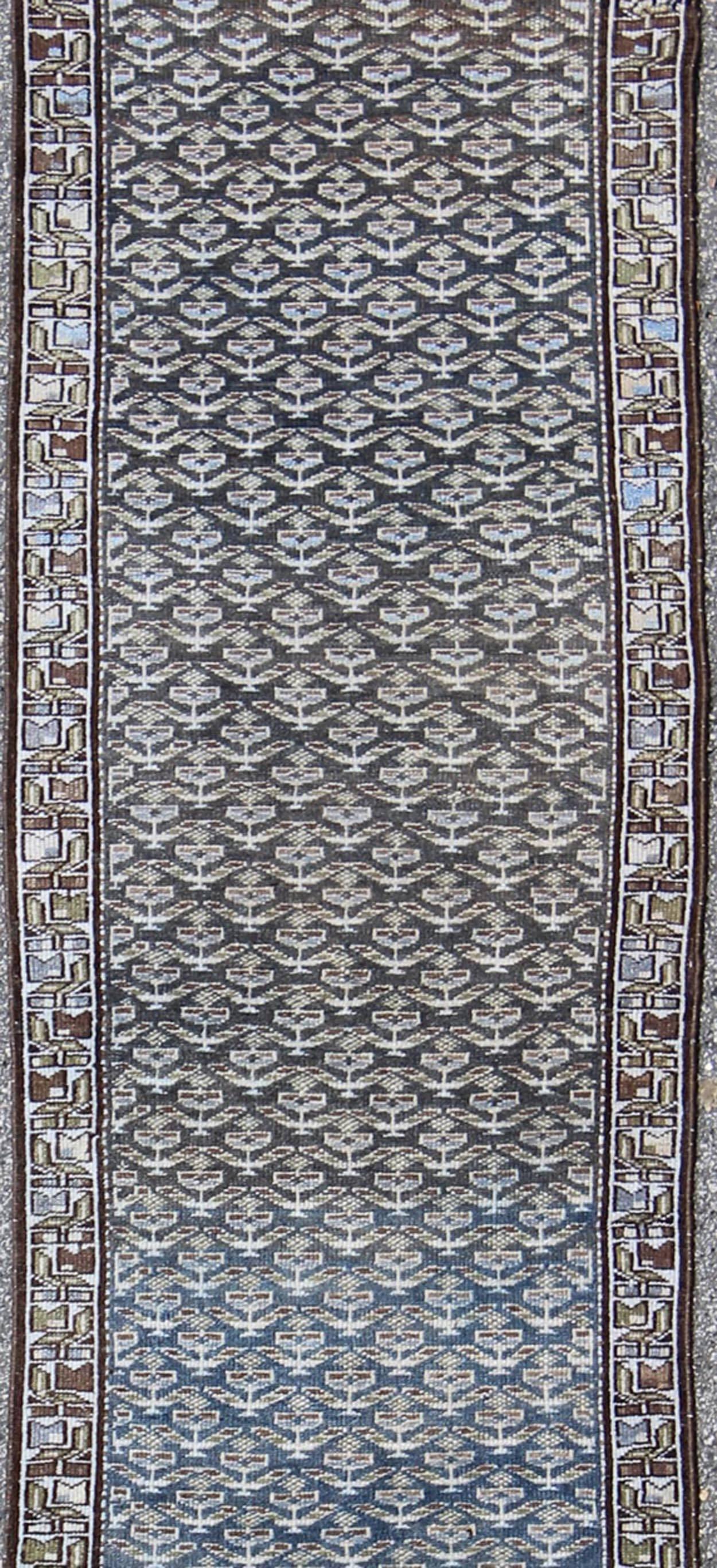 Hand-Knotted Antique Persian Seraband Runner with All-Over  Design in Steel Blue and Brown For Sale