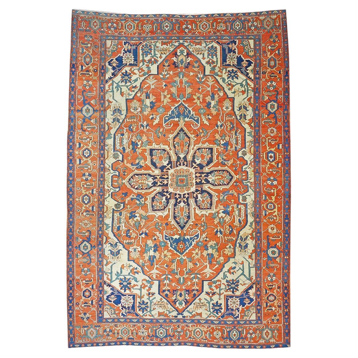 Antiker persischer Serapi-Teppich in Rost und Marineblau, handgefertigt, 10x14