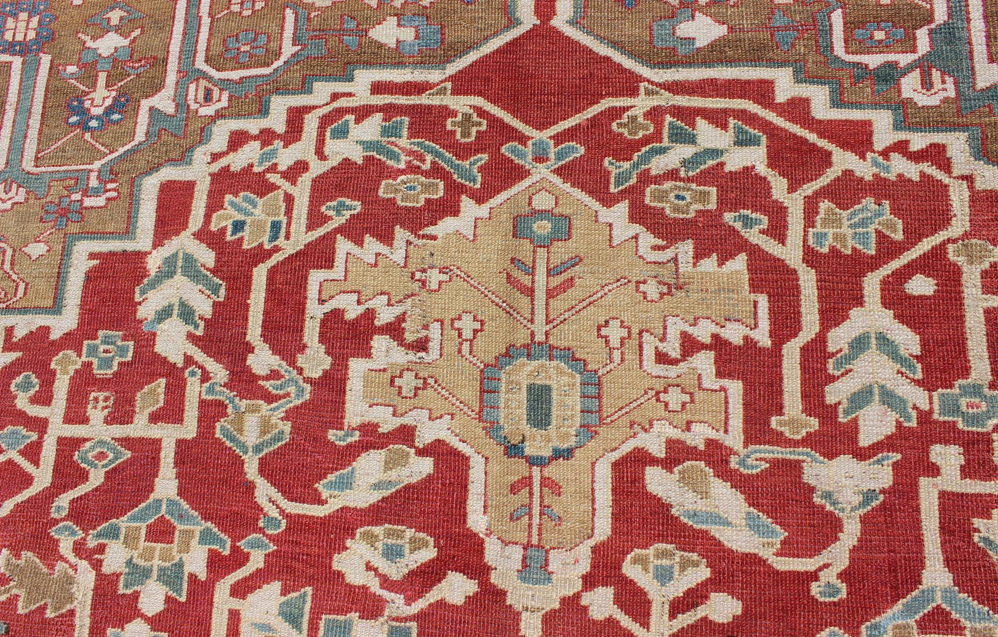 Antique Persian Serapi/Bakhshaiesh Rug in Brick Red, Light Blue & Camel Colors 1