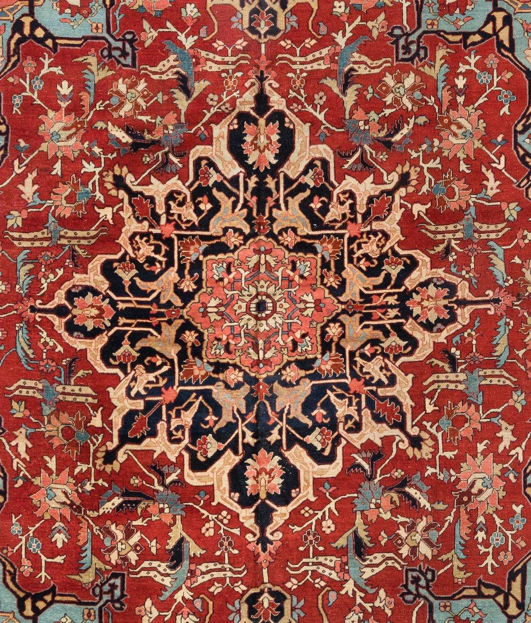 This is a hand knotted Antique Square Persian red ivory and light blue Serapi rug, circa 1880-1900s. This square rug measures: 11.3 x 12 ft.