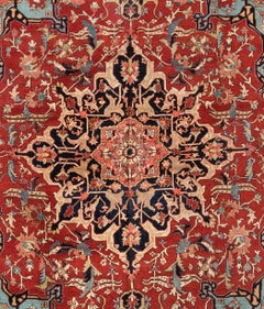 Antique Large Square Persian Red Ivory and Light Blue Serapi Rug