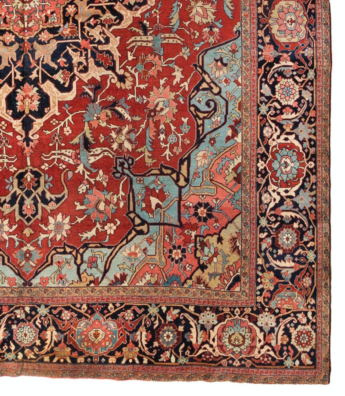 Hand-Knotted Antique Large Square Persian Red Ivory and Light Blue Serapi Rug For Sale